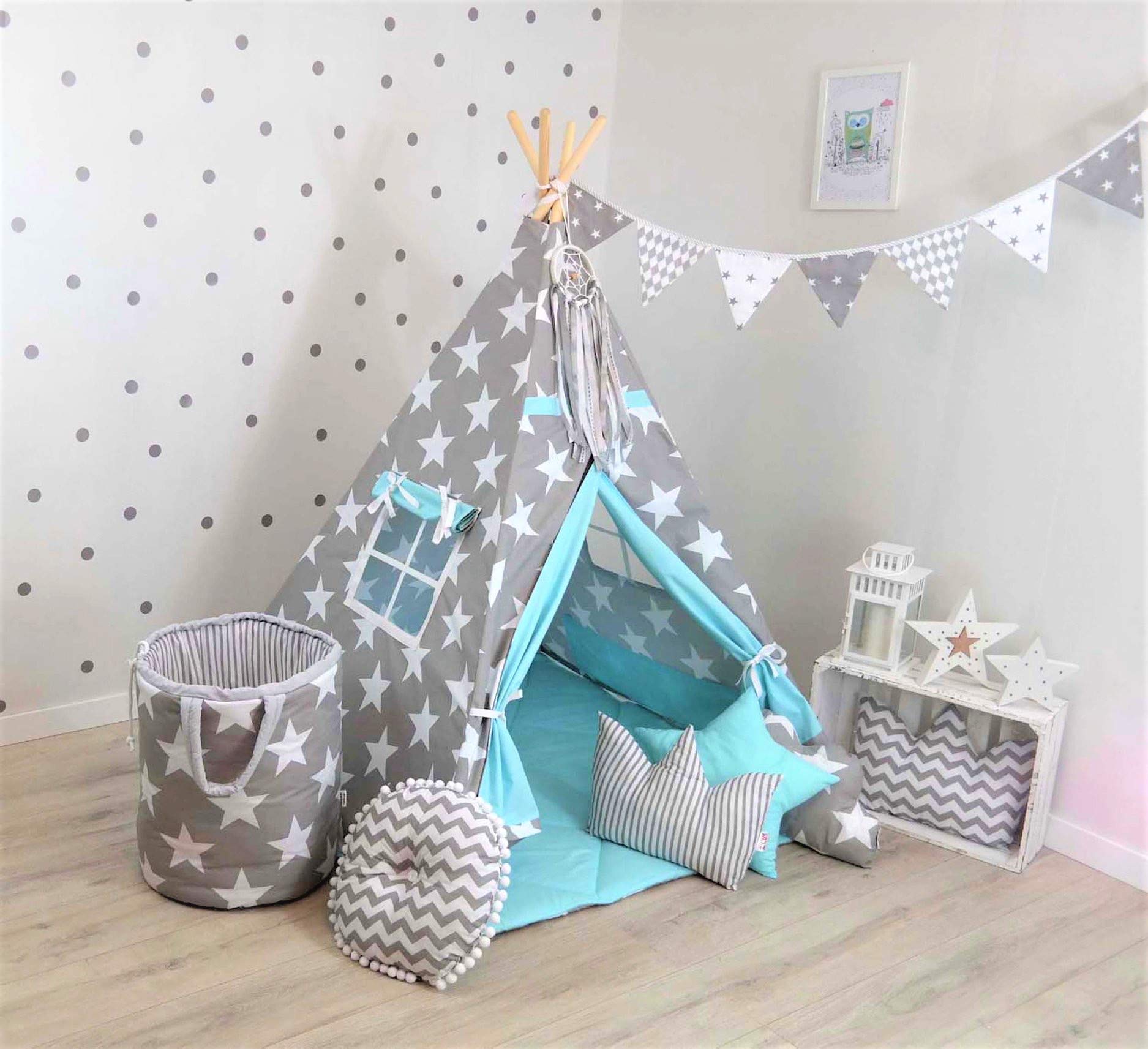 Trisha Teepee Trisha Happy Teepee theme Portable Teepee Tent with Padded mat,2 Star Shape Cushions,2 kitbag & Free Box Packing-Gray Sky Blue Star for Kid