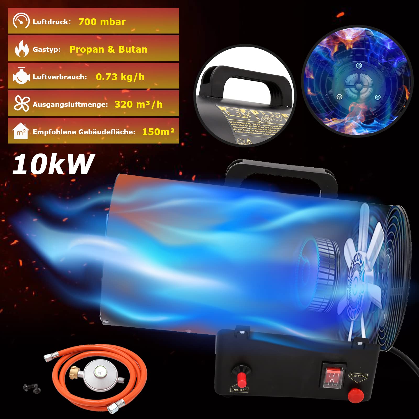 Ikodm Gasheizung für innenräume, 10KW 220V Gasheizgerät Gasheizer Gasheizgebläse Propangasheizgebläse 320 m³/h Luftdurchsatz, mit 1,2m Gasschlauch und 700 mbar Druckminderventil