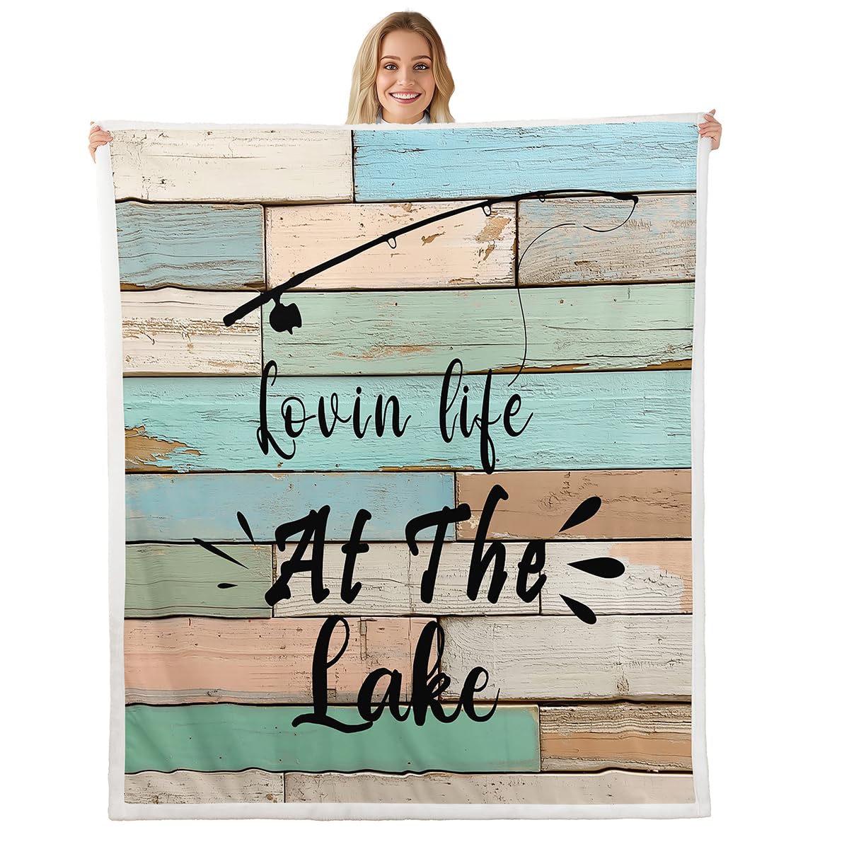 Lake House Plush Bed Blanket, Fishing Rod Fleece Blanket Throw Size For Kids Boys Teens, Rustic Farmhouse Throw Blanket Wooden Barn Door Sherpa
