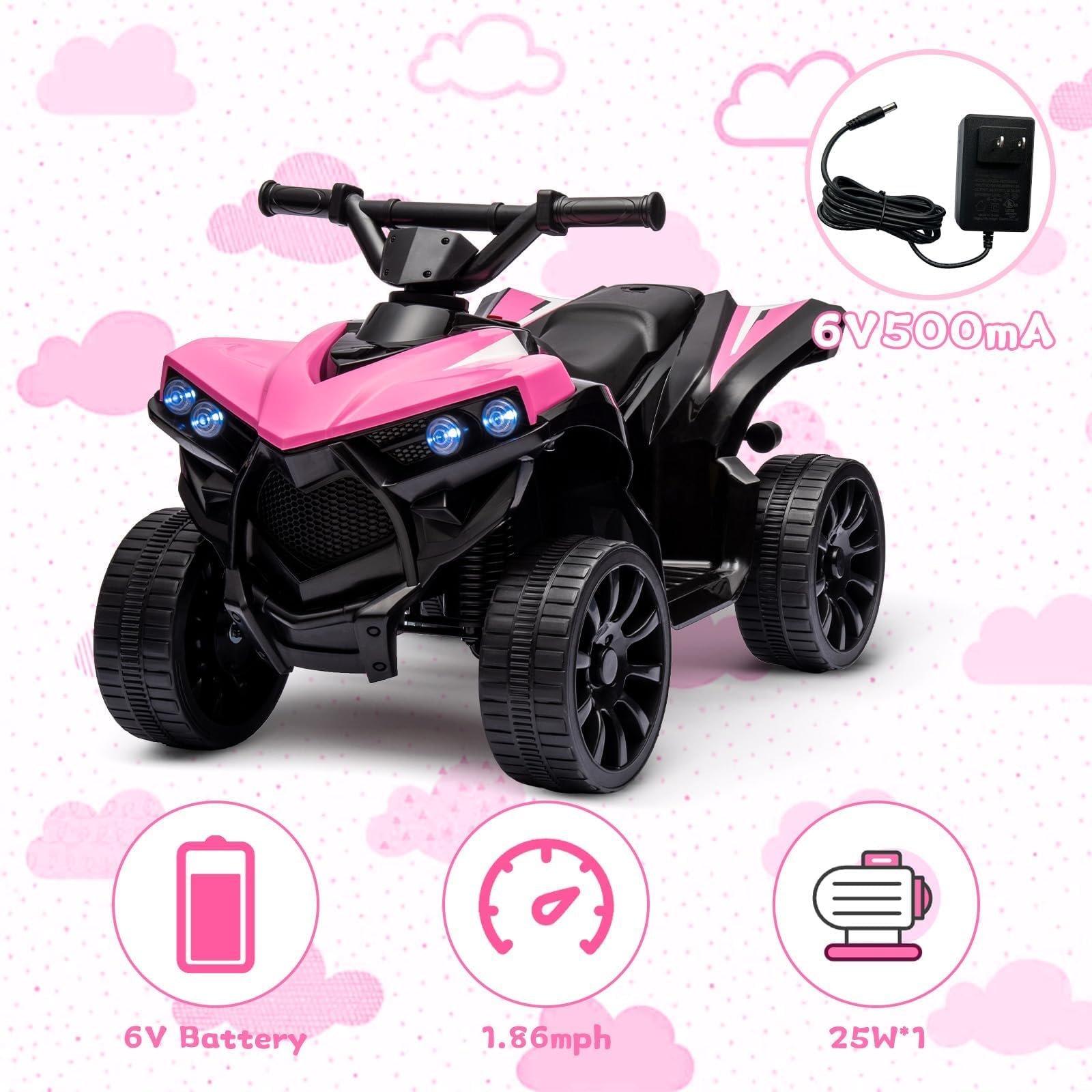 Quad Eléctrico Infantil de 1 Plaza 6 V con Pedal, 1,5 – 3 km/h, Coche Eléctrico para Niños con Música, Trompeta y Faros LED, Vehículo Todoterreno para Niños de 3 – 8 Años (Rosa)