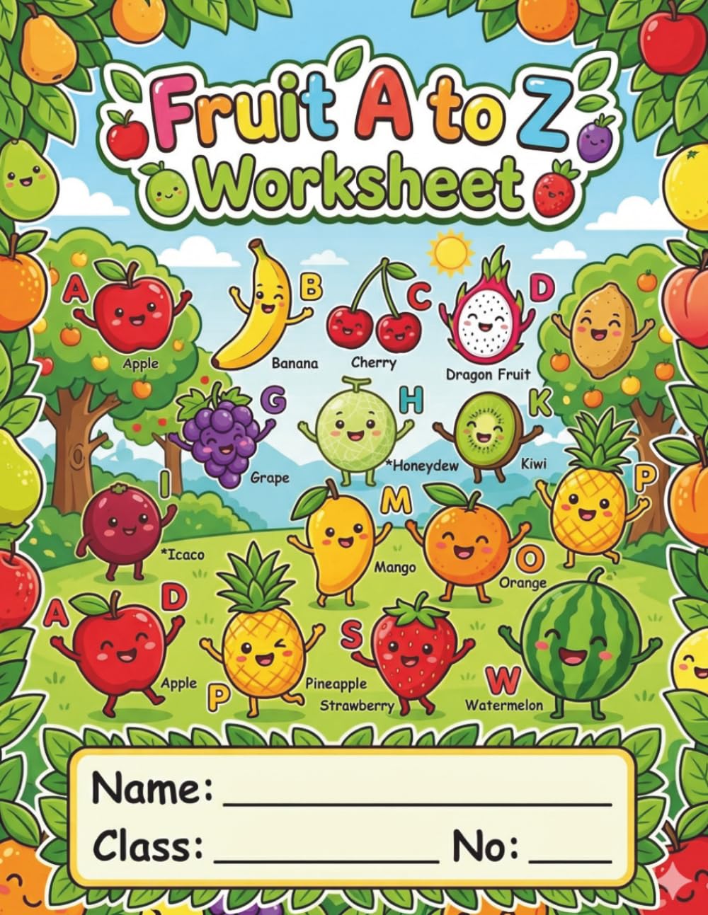 Fruit A to Z Worksheet for Kids: Learn Alphabet and Fruit Vocabulary: 26 Fun Coloring and Tracing Worksheets to Learn A–Z Fruits | Educational Activity Book for Preschool, Kindergarten & ESL Learners