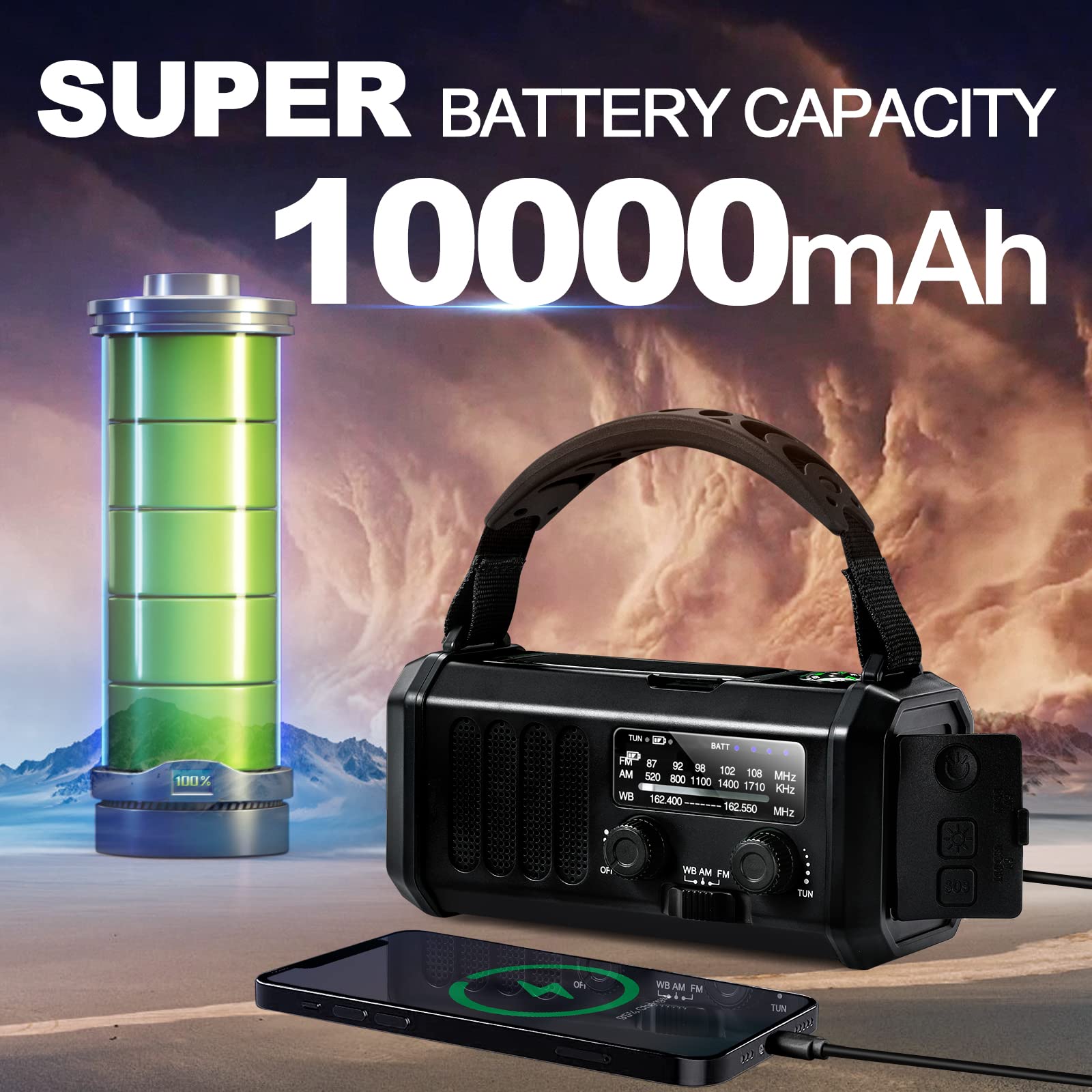Awaryjne radio pogodowe 10 000 mAh, przenośne radio survivalowe FM/AM/NOAA zasilane bateryjnie i power bank, ładowarka solarna/korba/typ C, latarka, lampka do czytania, kompas,