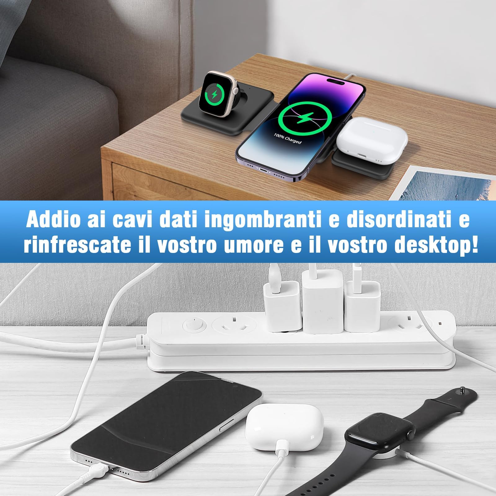 15W Caricabatterie Magnetico Pieghevole Rapido Senza Fili, Compatibile QI, pieghevole portatile pad di ricarica wireless per i.Phone 15/14/13/12/11/XR/XS/8 Serie,Samsung S22/21/20, iWatch, AirPods