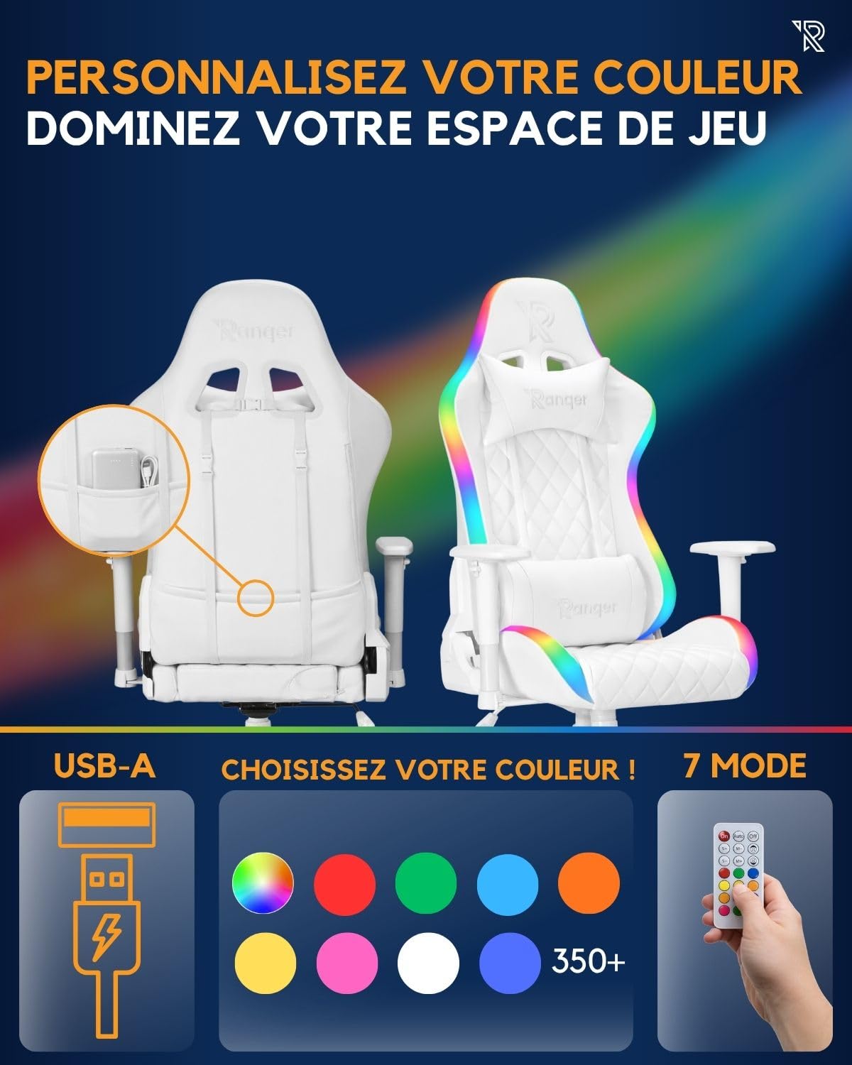 Halo Chaise Gaming RGB avec Éclairage LED, Dossier Inclinable 180°, Accoudoirs 2D, Coussins Amovibles, Base Nylon Robuste Et Confort Ergonomique pour Longues Sessions, Blanc
