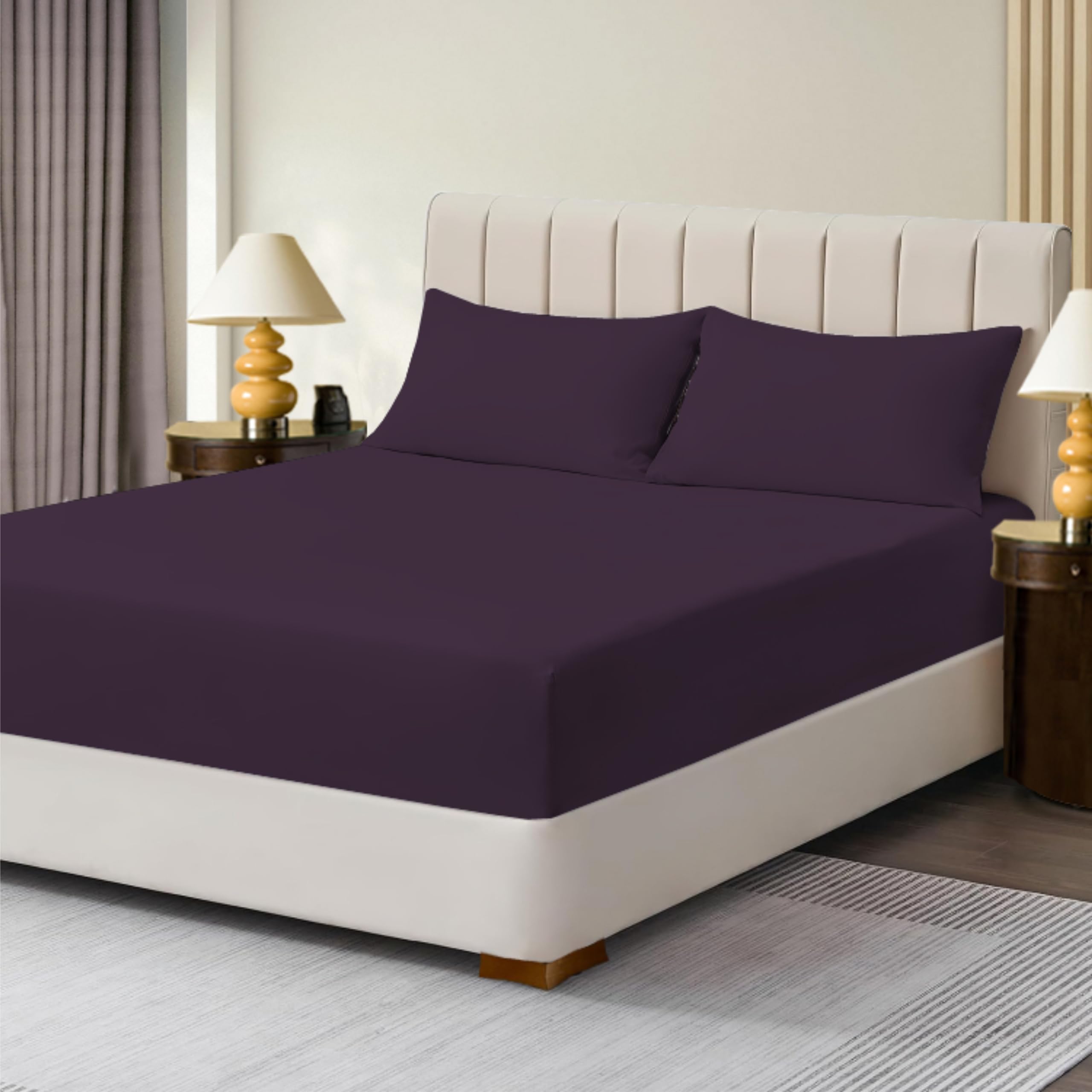 R&Z Extra Deep Polycotton Non Iron Fitted Sheet Easy Care 40cm (Plum/Aubergine, Double)