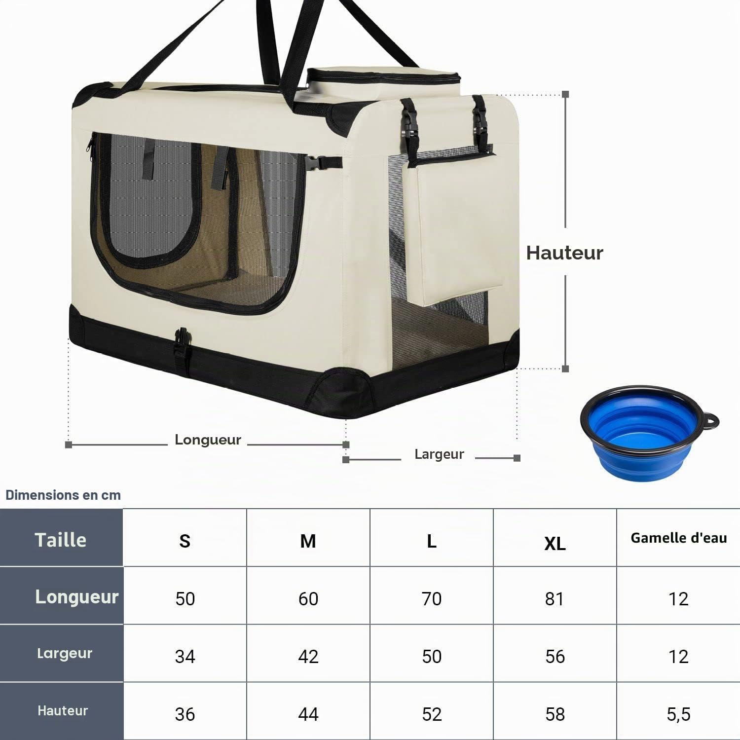 Juskys Caisse de Transport Pliable pour Chiens Lassie XL (Beige) - 58 x 82 x 58 cm - Avec Couverture, Poche & Poignées - En Tissu