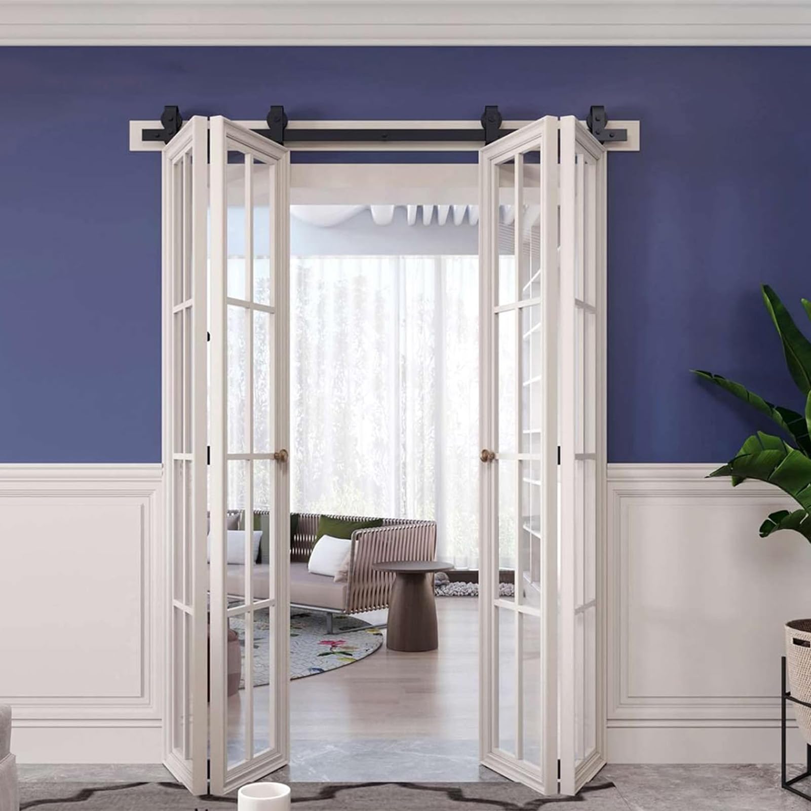 Kit de accesorios para puertas de granero, puerta plegable, kit de hardware para puerta corredera de 4,8 pies, juego de hardware en forma de T - Ruedas negras para armario - Accesorio para apartamento
