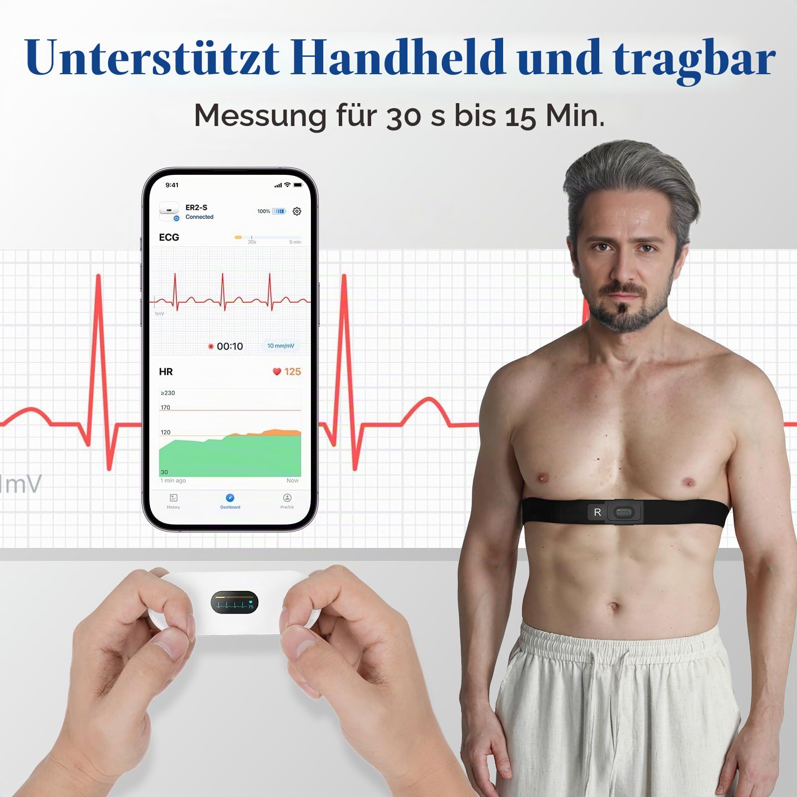CheckMe ER2-S EKG Gerät für Zuhause & Unterwegs, EKG mit Brustgurt, 30s bis 15Min Messung, Echtzeit-APP, Unbegrenzter Speicher, 0.96" OLED, für iOS Android