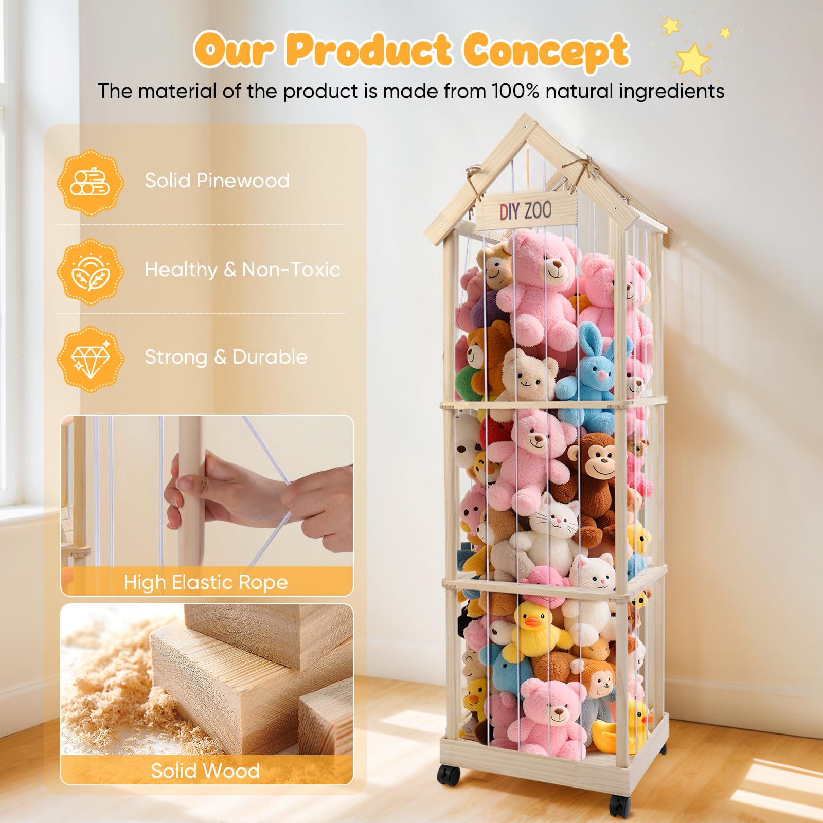 Contenitore per Animali di Peluche, 146*47*35cm Contenitore per Giocattoli Morbidi in Legno Massello con Ruote Girevoli Bloccabili a 360°, Contenitore per Giocattoli di Peluche per Camerette, Soggio