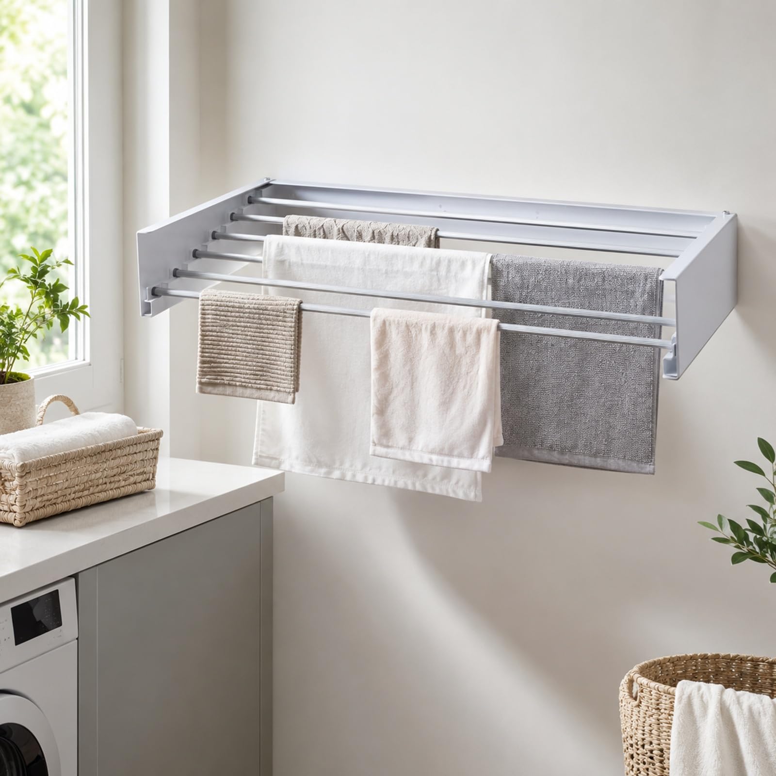 Gr8 Home White Folding Wall Mounted Drying Rack Telescopic Clothes Dryer Extendable Laundry Airer Foldable Space Saving Towel Rack