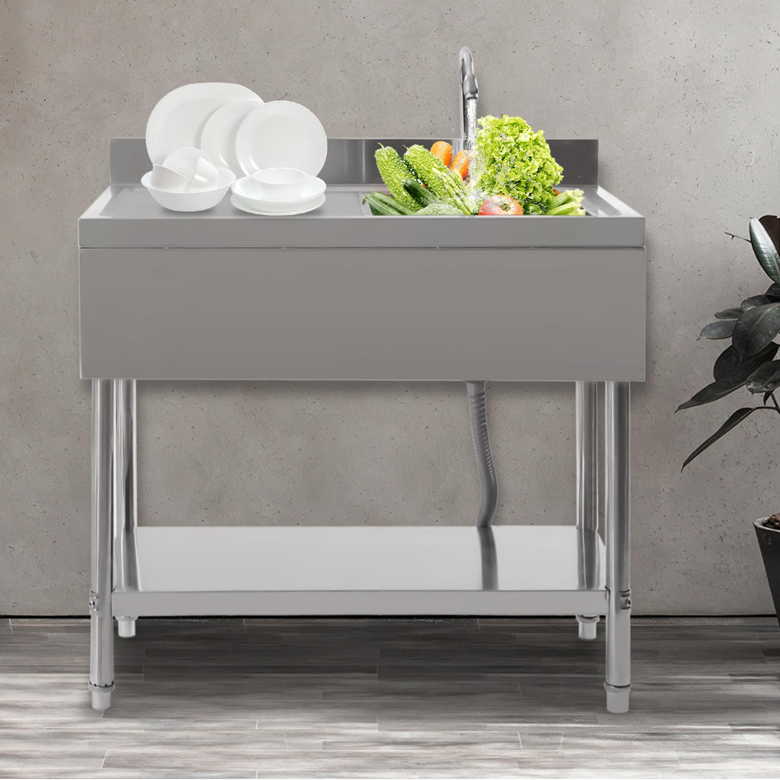Lavabo mobile in acciaio inox, lavello esterno in acciaio inox, con 1 lavandino (a destra), lavandino portatile e commerciale con rubinetto