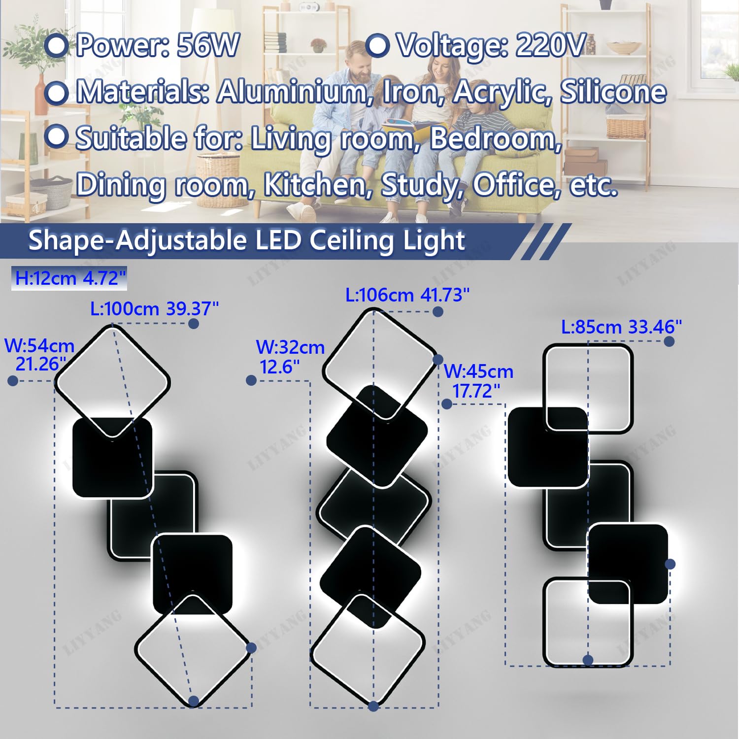 Kreative LED Deckenleuchte Dimmbar Deckenlampe Wohnzimmer Schlafzimmerbeleuchtung Mit Fernbedienung APP Decke Licht Moderne Variable Form Deckenbeleuchtung für Esszimmer Küche Büro (Schwarz, Quadrat)