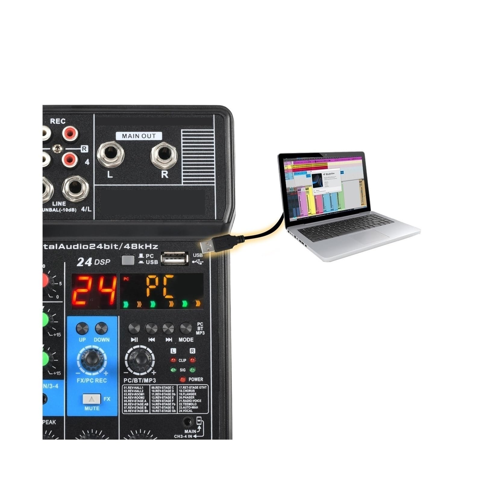 Mezclador de audio, Consola mezcladora de sonido portátil profesional 4 canales Entrada computadora Alimentación 48 V Número modelo Certificación Interfaz Para karaoke en estudio
