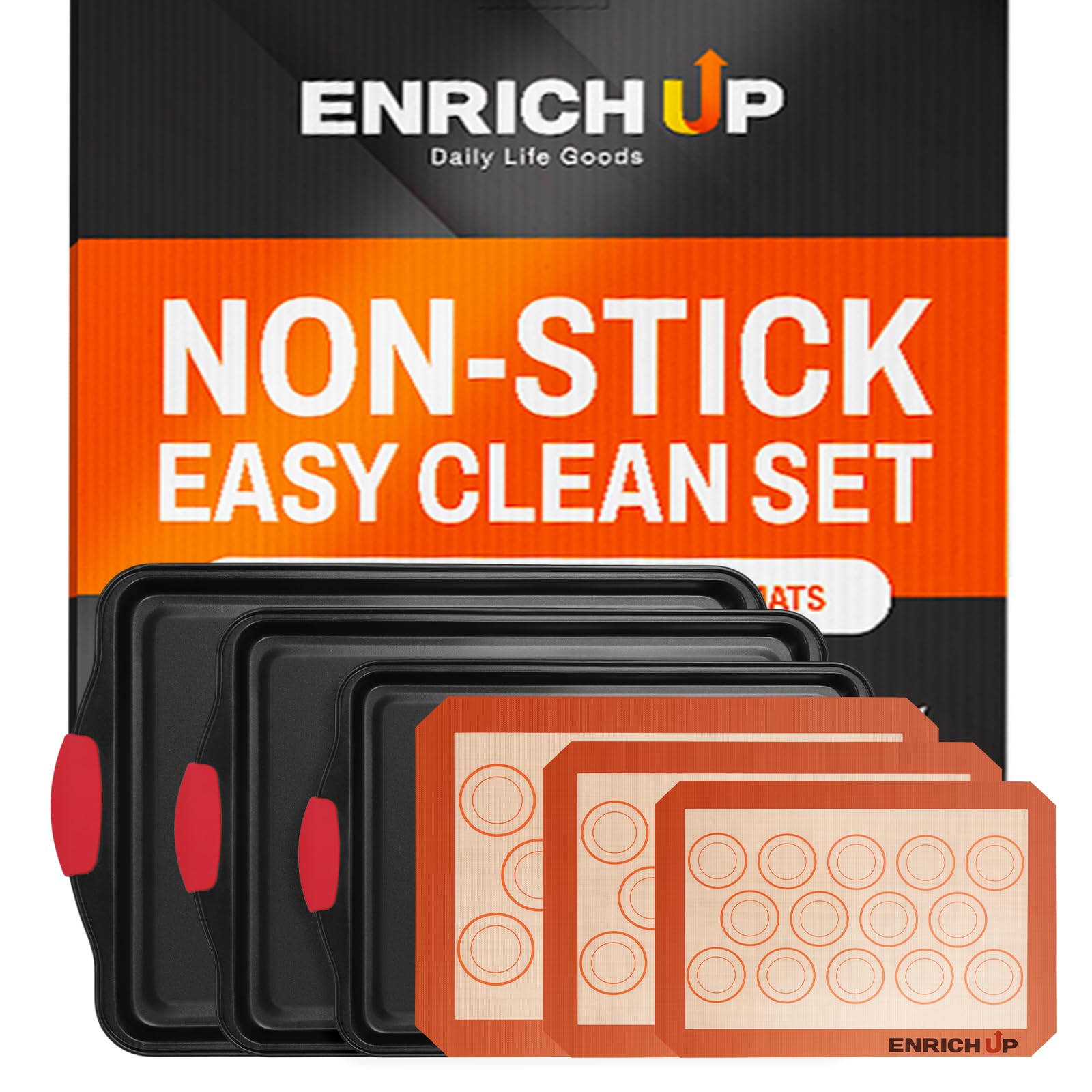ENRICH UP Baking Pans Set 6-Pc Nonstick Cookie Sheets with Silicone Mats | 6-pc Nonstick Baking Pans Set with Rimmed Oven Trays and Silicone Mats for