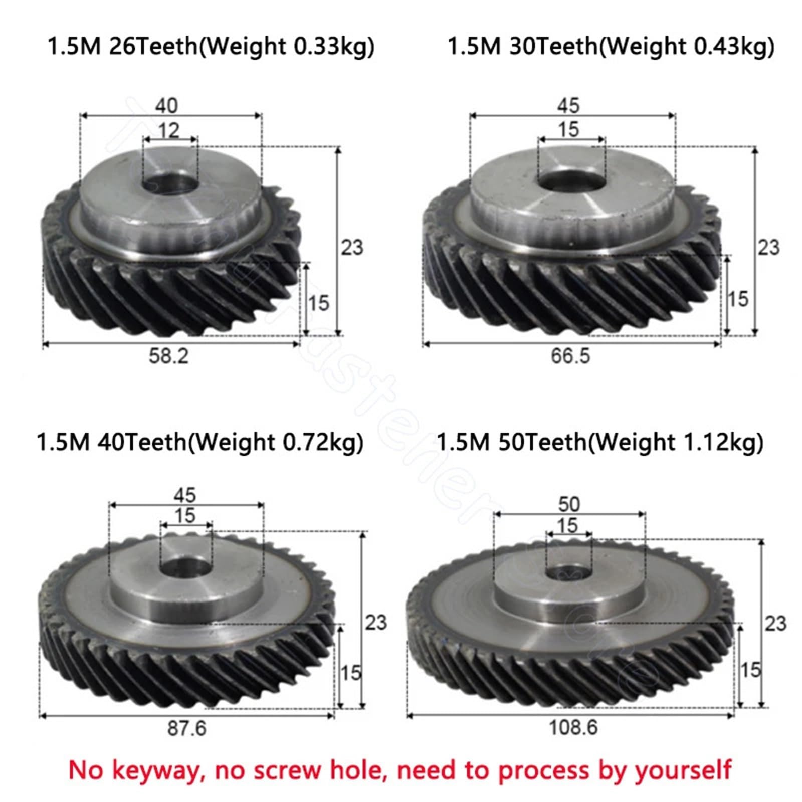 Engrenage d'angle hélicoïdal à 45 degrés pour gaucher de 1,5 m - acier 45#, 26/30/40/50 dents, engrenage cylindrique (30 dents (alésage 15mm))