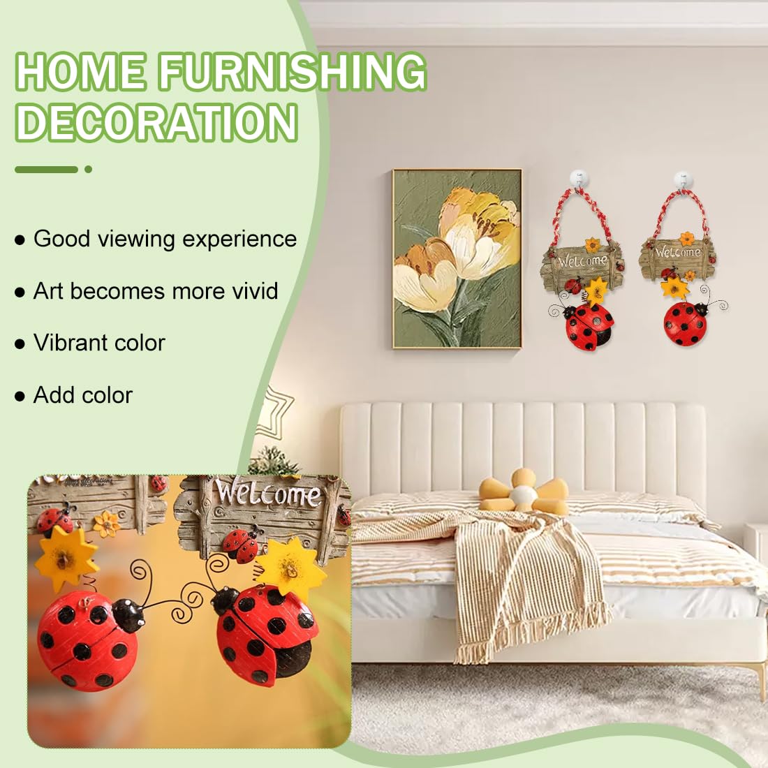 Cartello di benvenuto da appendere in confezione da 2, per interni ed esterni, decorazione per porta d'ingresso con coccinella per giardino di casa, pannello per porta personalizzato
