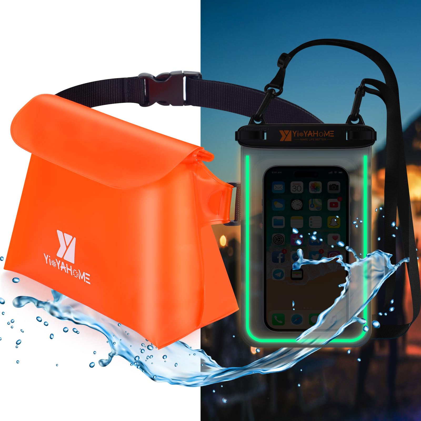 YioYaHome Noctilucent Waterproof Funny Pack Waterproof Phone Pouch Dry Pack Dry Beach Pouch for iPhone 16 15 14 13 12 Pro Max Samsung for Swimming Kayaking Boating Fishing Diving Surfing 8.5" Orange