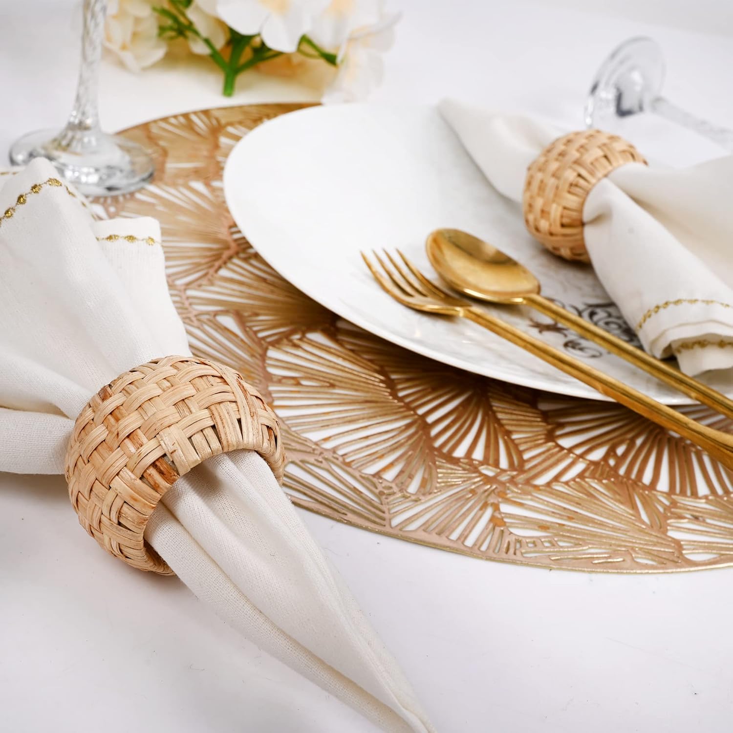 ALPHA Living HOME Farmhouse Napkin Rings - Rustic Natural Cane & Jute Serviette Holders for Elegant Table Decor, Weddings, Thanksgiving, and Everyday Dining- Set of 12 (Natural)