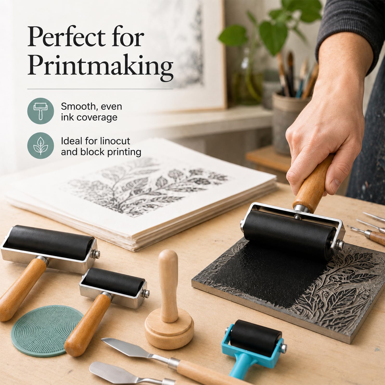 Set di 3 rulli Brayer in gomma morbida per la stampa con 2 raschietti, 3 misure di rullo di inchiostro per stampa a blocchi, piastra di plastica e rullo a funghi per stampaggio Linocut Gel Plate