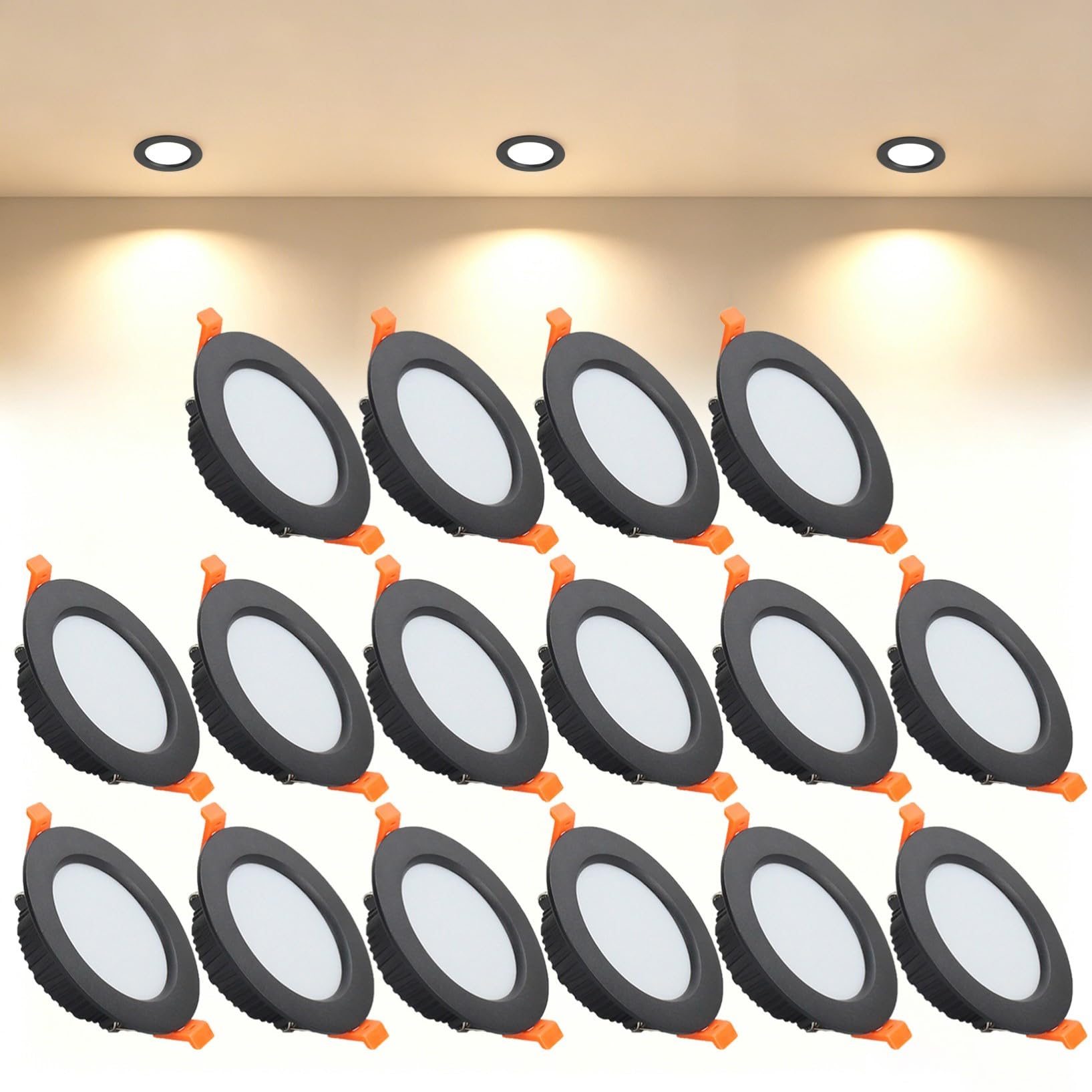 VOGHMOLD 7W Ultra Slim LED Downlight Recessed Ceiling Light 3 inch, 3000K Spot Lights Black Aluminum Trim, Cut Φ80-90mm, AC110-240V Panel Lighting for Office Hallway Closet, 16 Pack