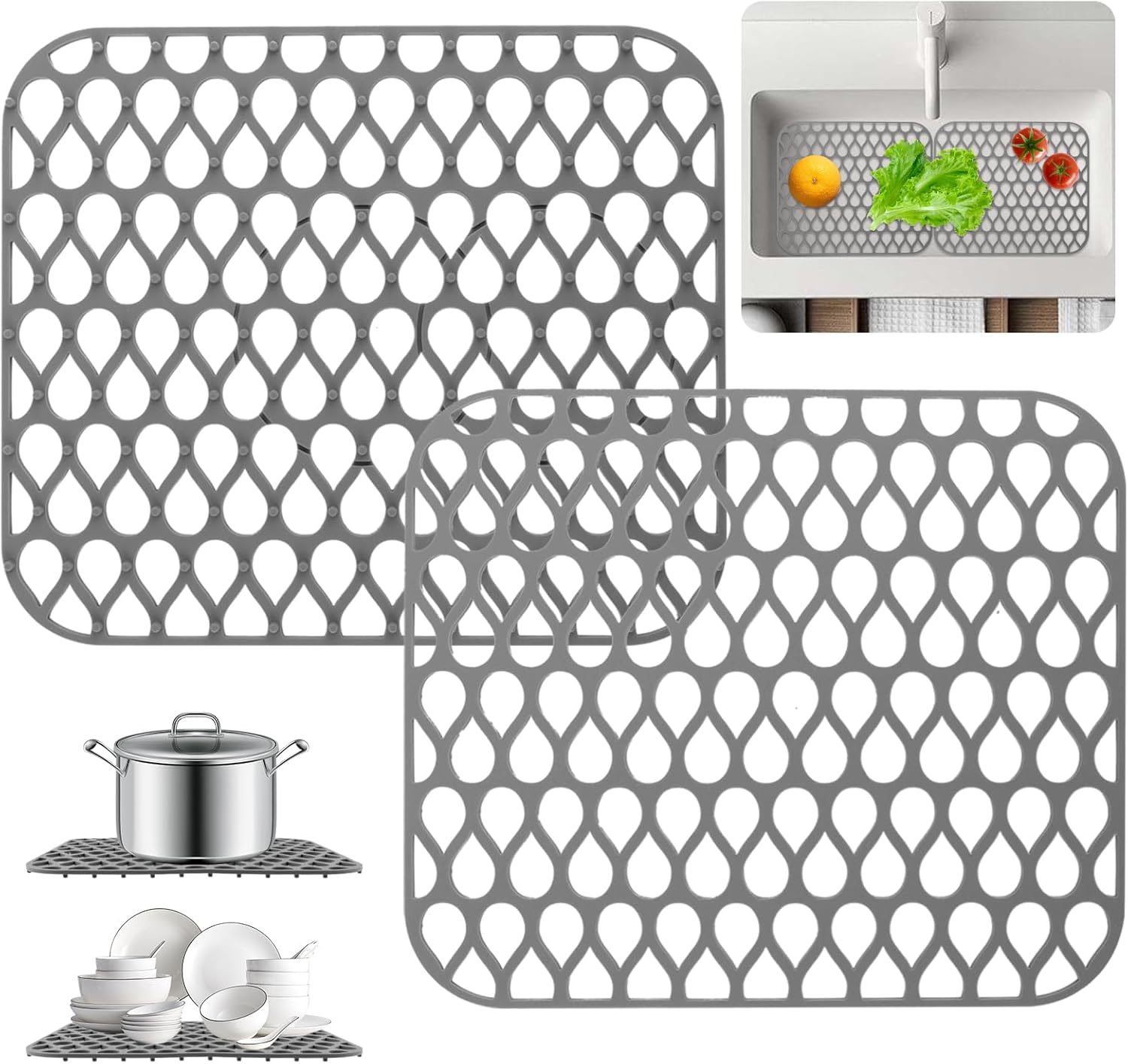 2pcs Silicone Sink Protectors for Kitchen Sink, 13.58 x 11.61in Non-slip Folding Sin-k Mat Grid for Bottom of Sin k, Scratch Protector Sink Accessories, Heat-Resistant(COLOR:Grey)