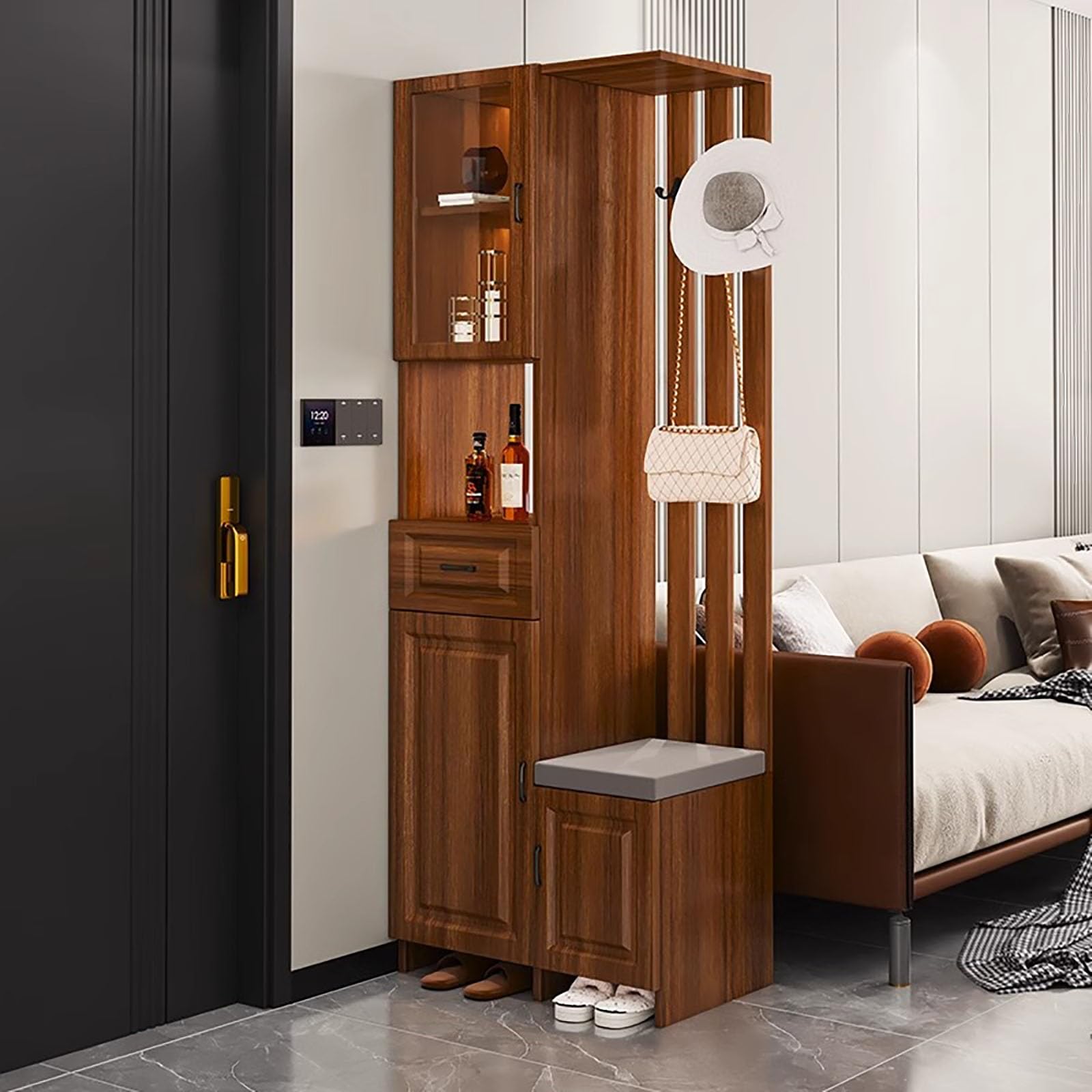 Colonne de cloison de séparation en Bois sur Pied,cloison Moderne d’entrée DIY avec Espace de Rangement et Banc pour Changer Les Chaussures,adaptée à l’entrée,au Salon,etc.(A,80cm/31.5in)