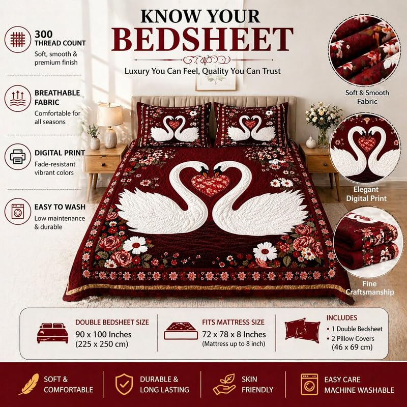 Image of Akshya Double Bedsheet King Size (90x100 Inch) with 2 Pillow Covers | 300 TC Microfiber Soft Bedsheet | Red Swan Printed Designer Bedsheet for Double Bed