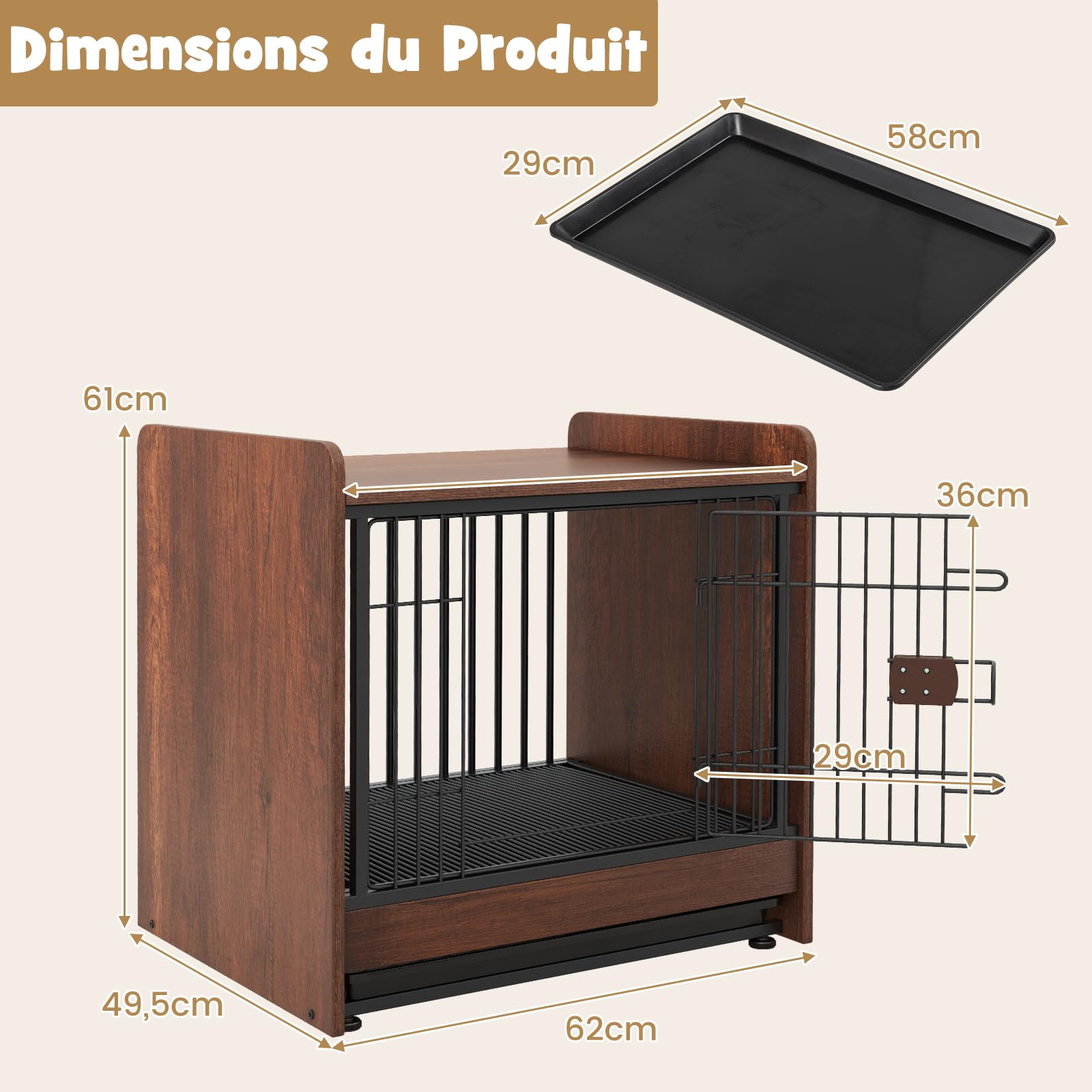 GYMAX Cage Chien Intérieur, avec Plateau Amovible Inférieur de Hygiène, Porte Verrouillable, Patins Réglables, Niche pour Animaux de Petite et Moyenne Taille, Style Industriel, 62×49,5×61 cm