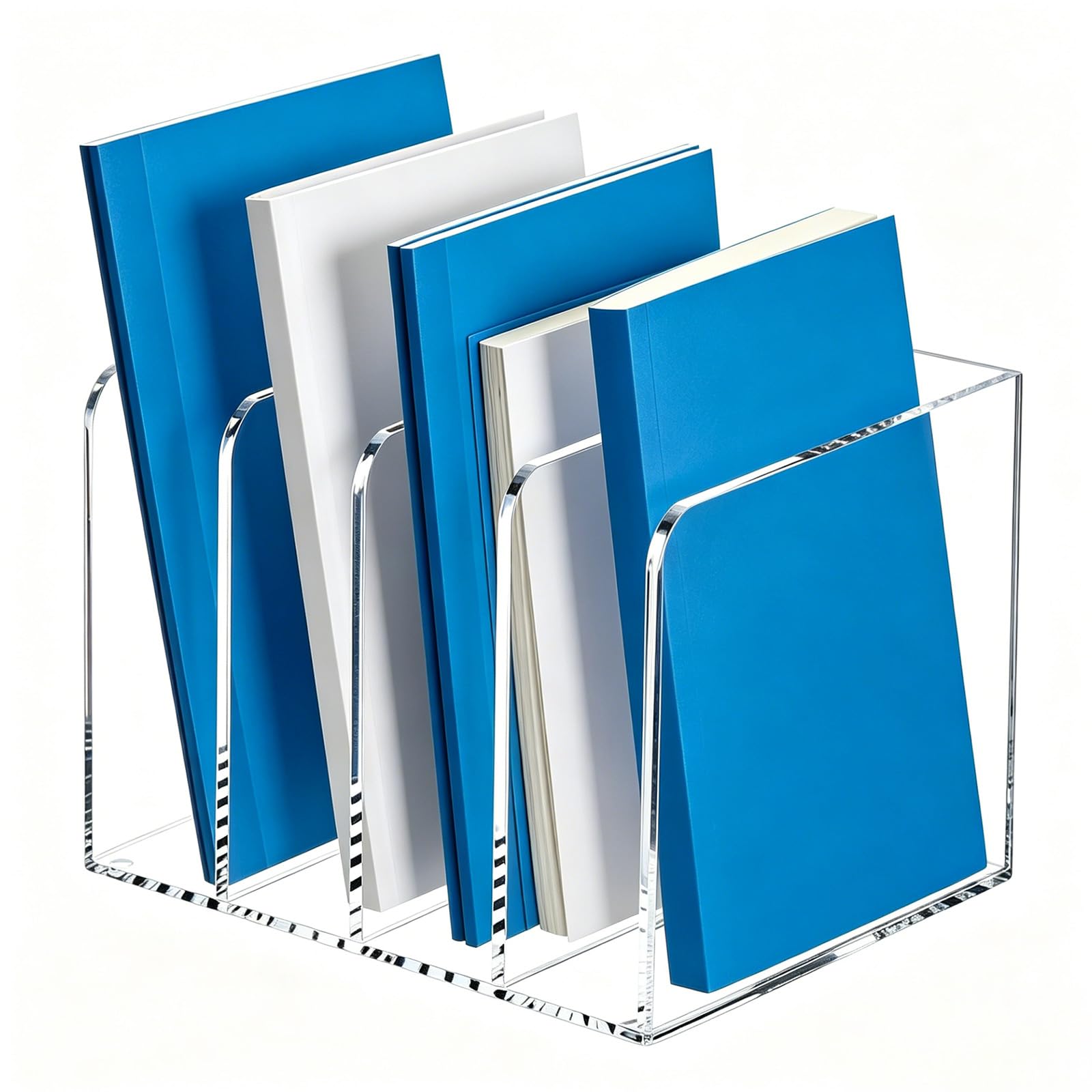 Raccoglitore portariviste in acrilico, divisorio trasparente e supporto per libri, organizzazione e conservazione dell'ufficio, documenti, libri, tablet, lettere, organizer antiscivolo (4 scomparti)