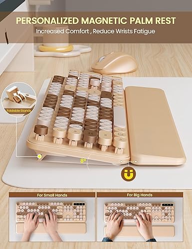 Miniatura 3 de Combo de teclado y mouse inalámbricos bonito teclado de máquina de escribir con reposamuñecas desmontable, teclas redondas retro, patas plegables,