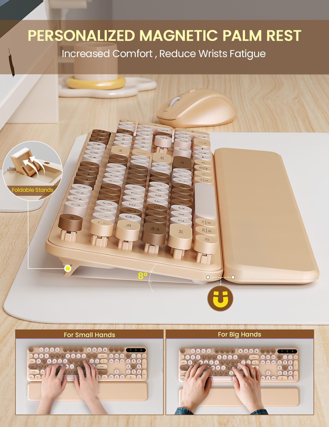 Tastiera wireless e mouse combinata, graziosa tastiera per macchina da scrivere con poggiapolsi staccabile, tasti rotondi retrò, gambe pieghevoli, tastiera full-size da 2,4 GHz per PC, laptop, Mac,
