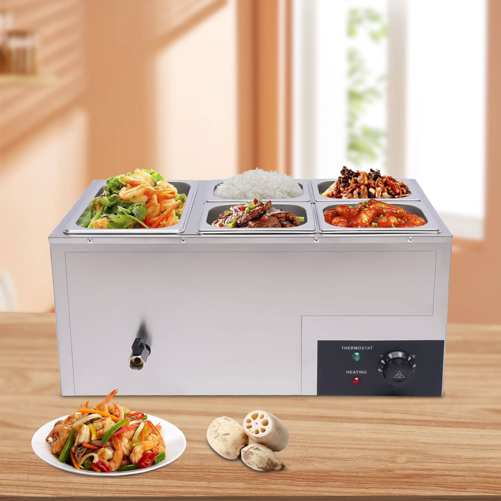 Commercial Food Warmer 5-pan Stainless Steel, 110v 600w Canteen Buffet Steam Heater with Lid for Praties, Catering Restaurants