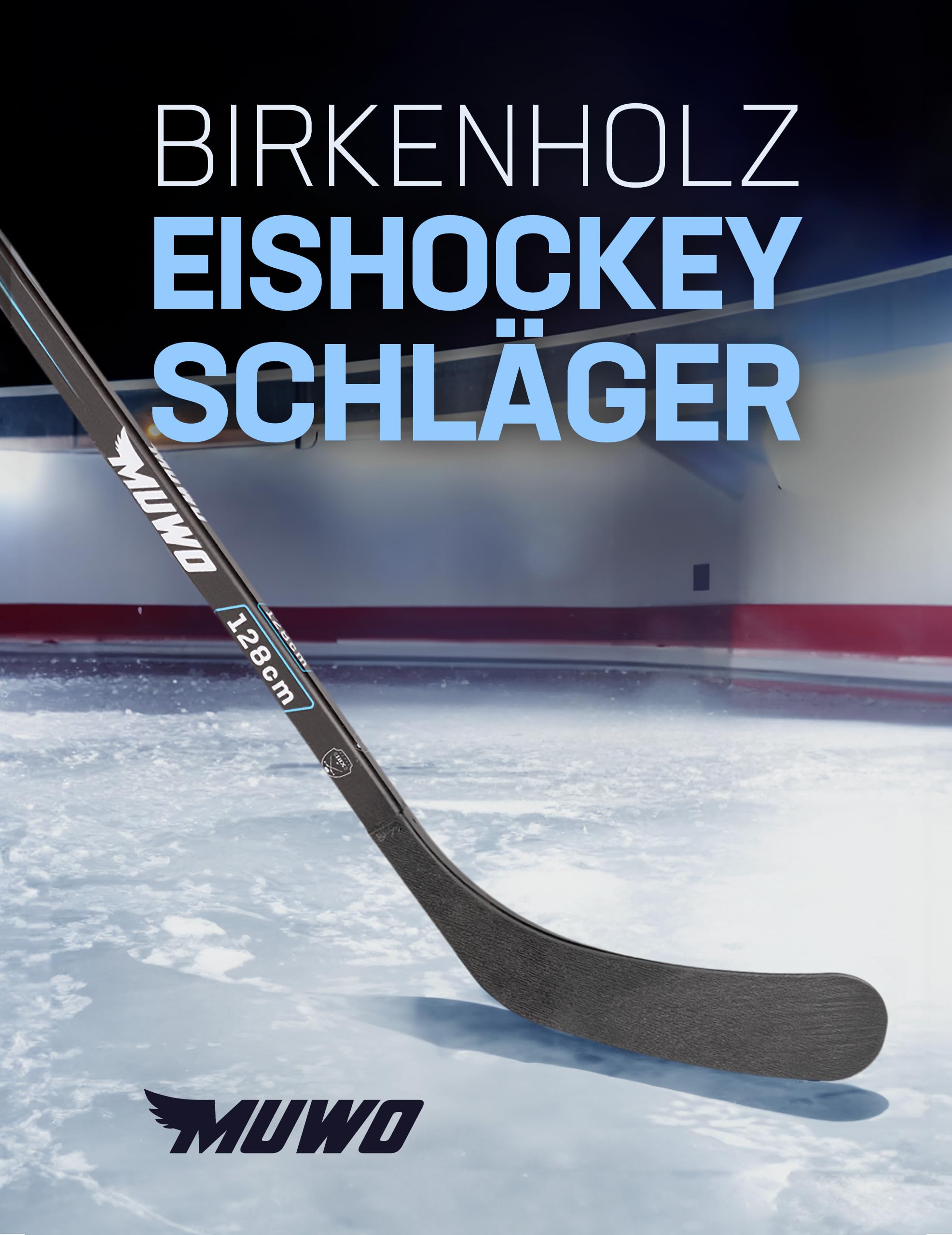 MUWO Mazza da hockey su ghiaccio per bambini, adolescenti, adulti, in legno di betulla per principianti ed esperti, nelle lunghezze 128, 148 e 166 cm, colore nero