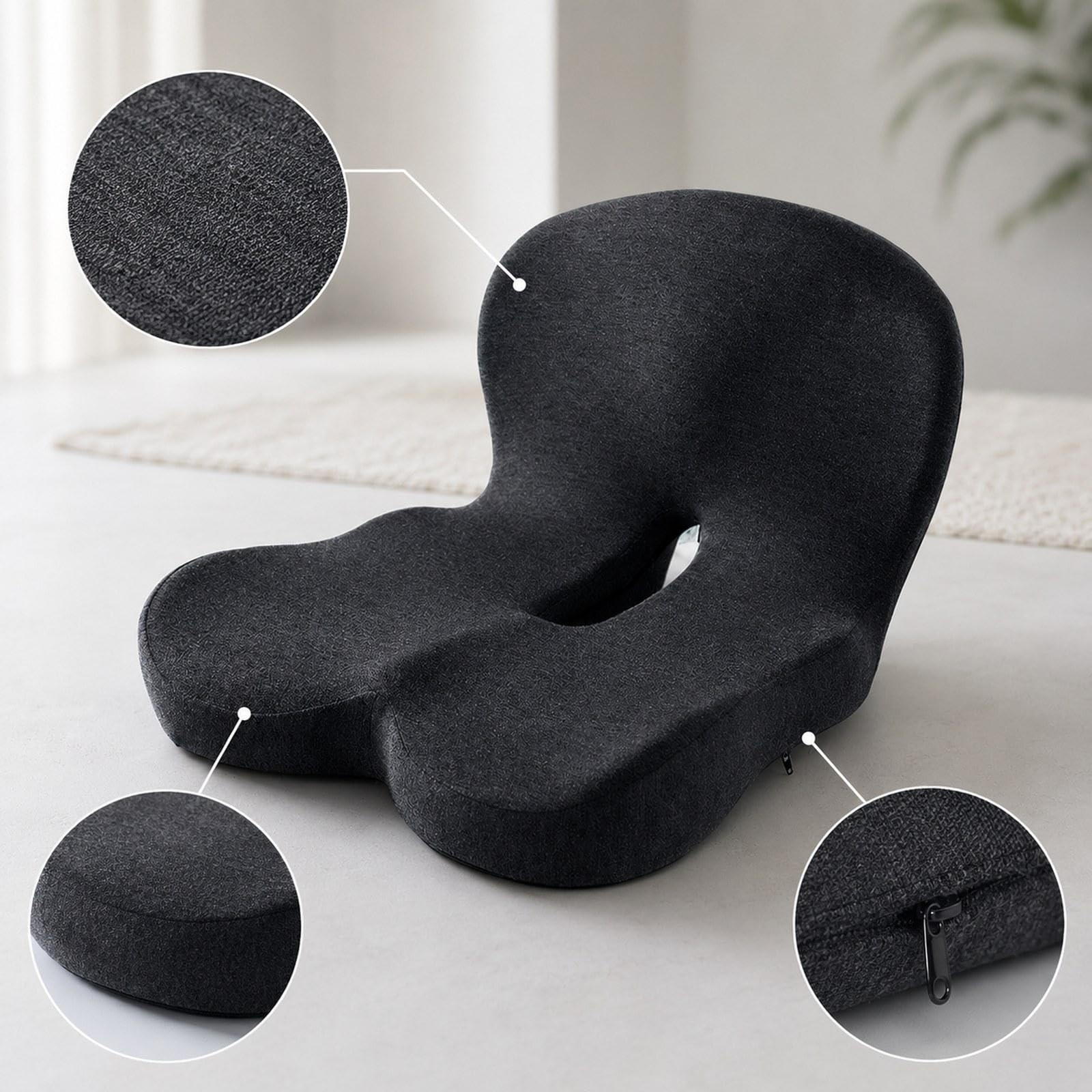 Cuscino Seduta Memory Foam Cuscino Ergonomico Antiscivolo Cuscino Schienale Pad Traspirante Copertura Lavabile Adatto per Lavoratori Studenti Casa Uff, Grigio Scuro
