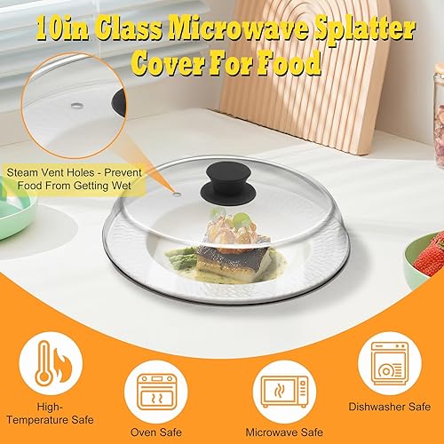 Miniatura 2 de Cubierta de vidrio para salpicaduras de microondas de 10 pulgadas para alimentos con alfombrilla de silicona, tapa de placa de microondas de vidrio