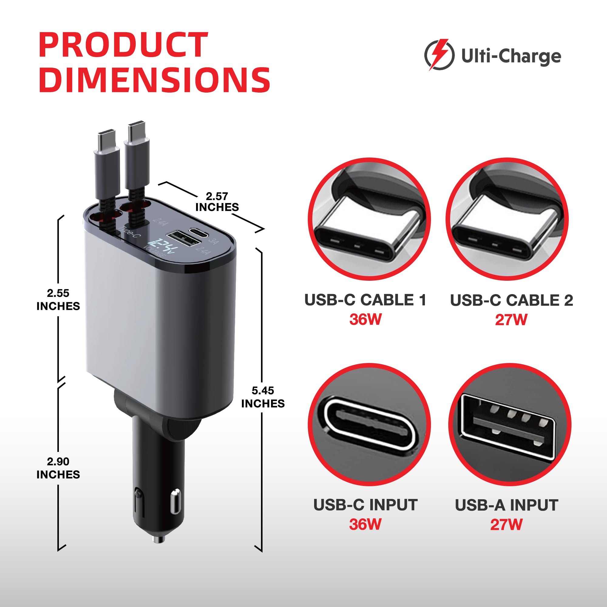 Ulti Charge - Caricatore per telefono da auto da 120 W, ricarica rapida con presa accendisigari retrattile, caricatore USB C, 4 porte USB‑C e USB‑A, blocco di ricarica Dual USBC per iPhone, Galaxy