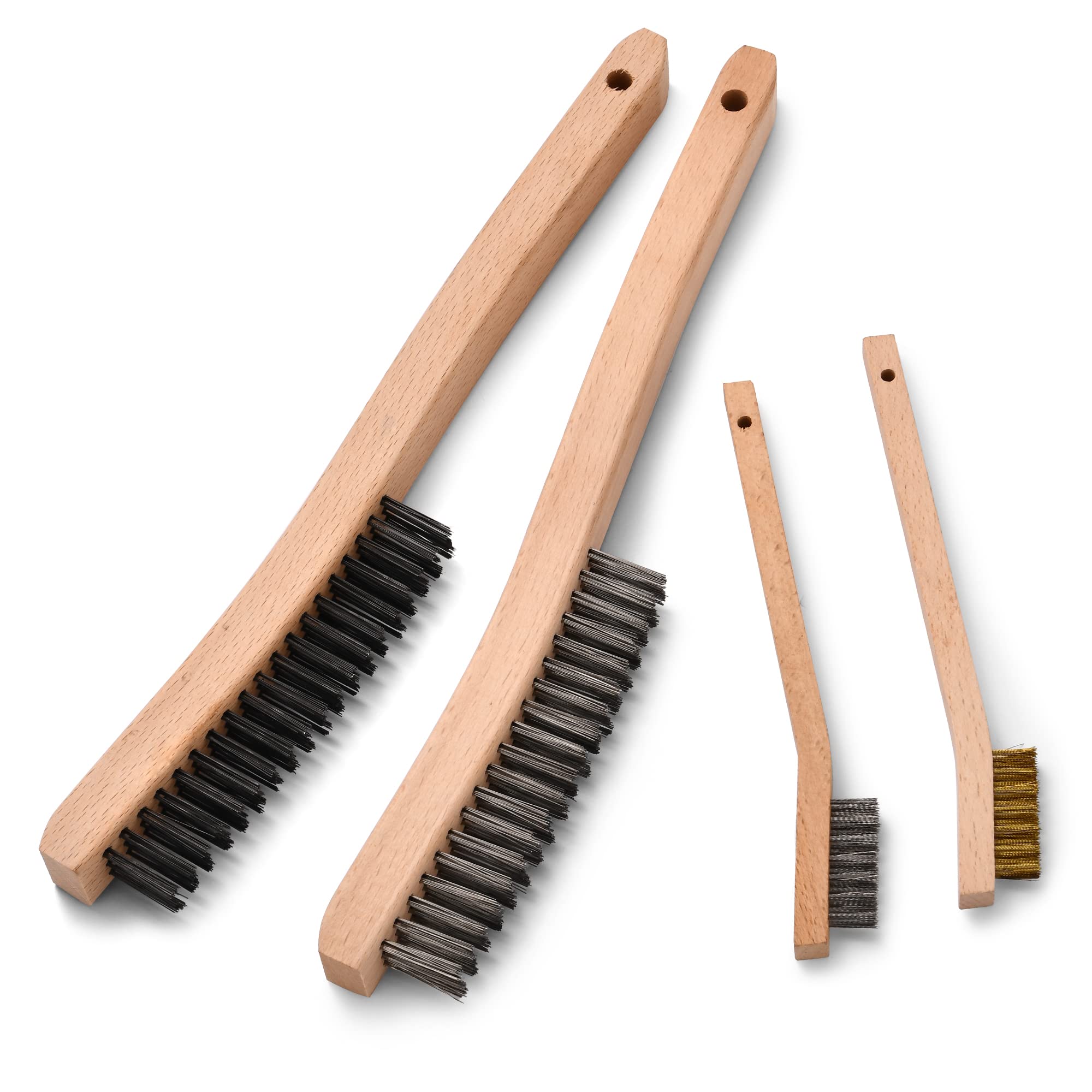 TILAXWire Brush Set, 4Pcs Brass/Stainless/Carbon Steel Wire Scratch Brush for Cleaning Rust with Beech Wood Handle ,Small Large Size Metal Brush for Cleaning,Paint, Welding, Heavy & Light Household