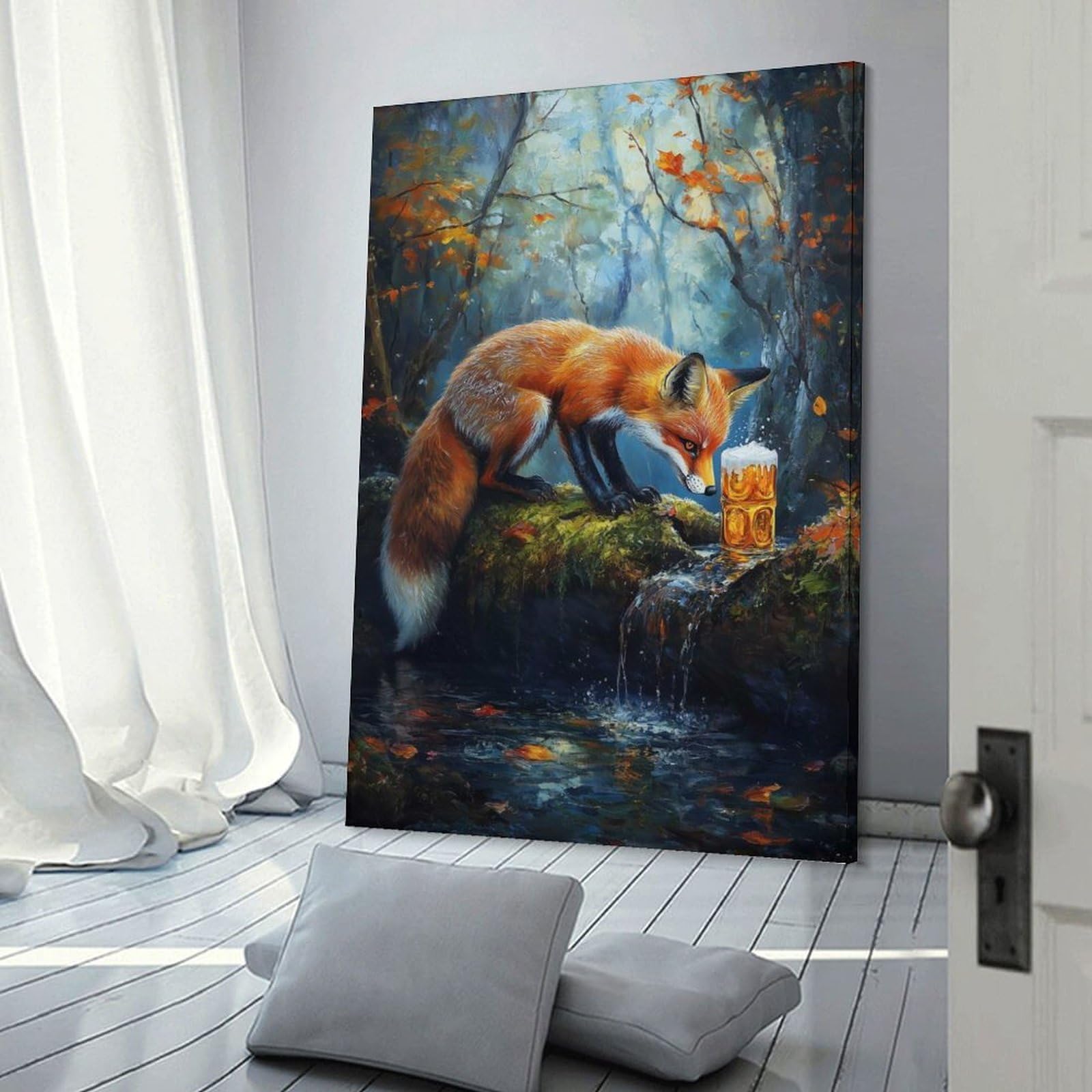 Junmoney Fox And Beer in The Woods Wall Picture Print 24x36inch(60x90cm), for Lounge Decor, Offices Or Entryway Styling, Versatile Wall Decor for Many Rooms