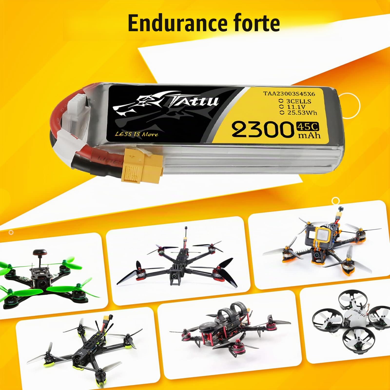 Tattu Batterie lipo 3s 2300mAh 11.1V 45C 3S pour FPV Racing Quadricoptère Racing Diverse Avions d'hélicoptère Drone et maquettes de Bateaux