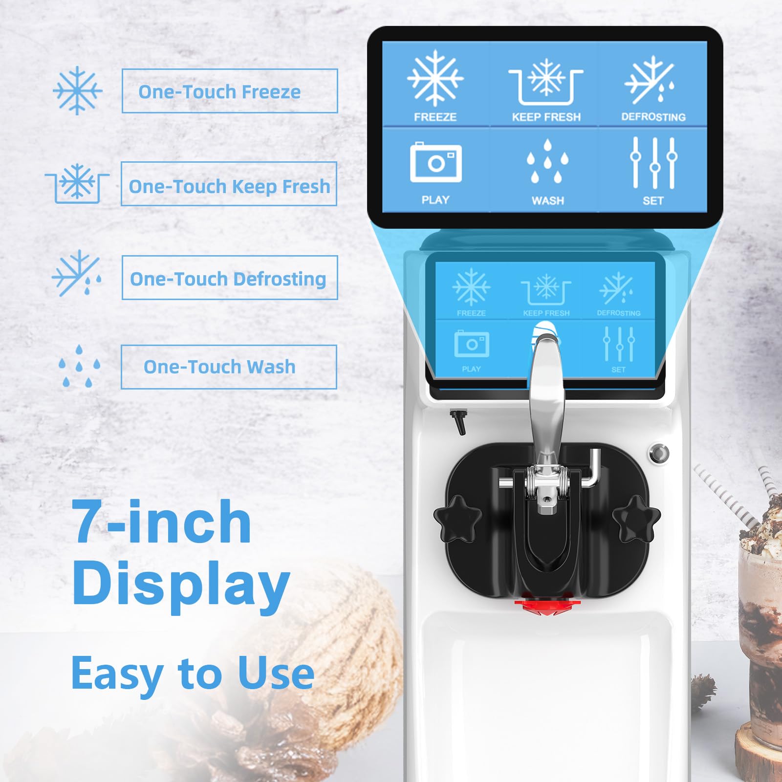 7-inch display with one-touch freeze, keep fresh, defrosting, and wash functions