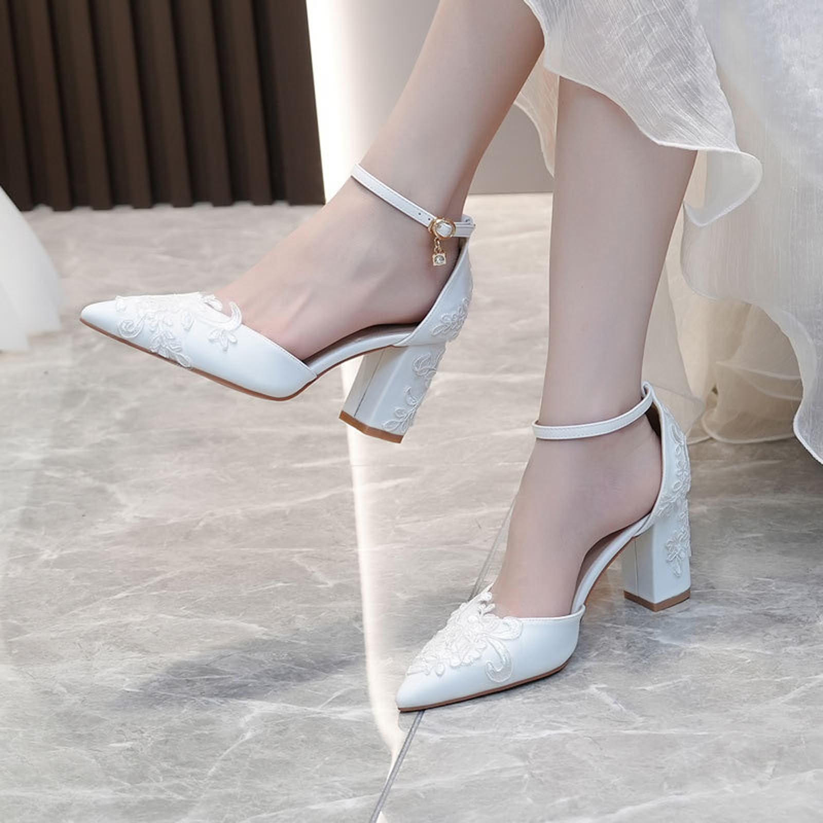 Scarpe da Sposa Dolci Carine da Donna - Sandali con Cinturino alla Caviglia con Tacco Grosso da 8 cm - Scarpe da Sposa Versatili e da Sera Comfort