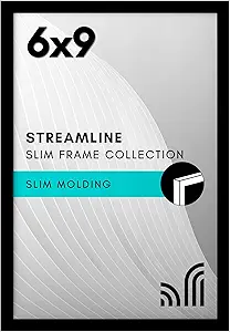Americanflat 6x9 Picture Frame with Shatter-Resistant Glass - Streamline Collection - Thin Border Photo Frame for Tabletop and Wall Display - Hanging Hardware and Easel Stand Included - Black