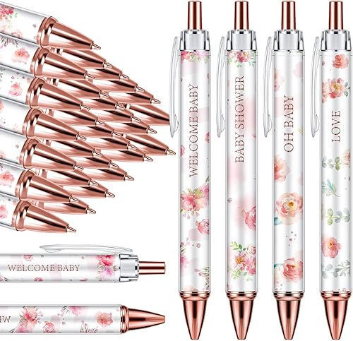 Chuangdi 24 Piezas Bolígrafos Florales para Baby Shower Favores a Granel Bolígrafos Retráctiles Tinta Negra con Regalos para Invitados Suministros