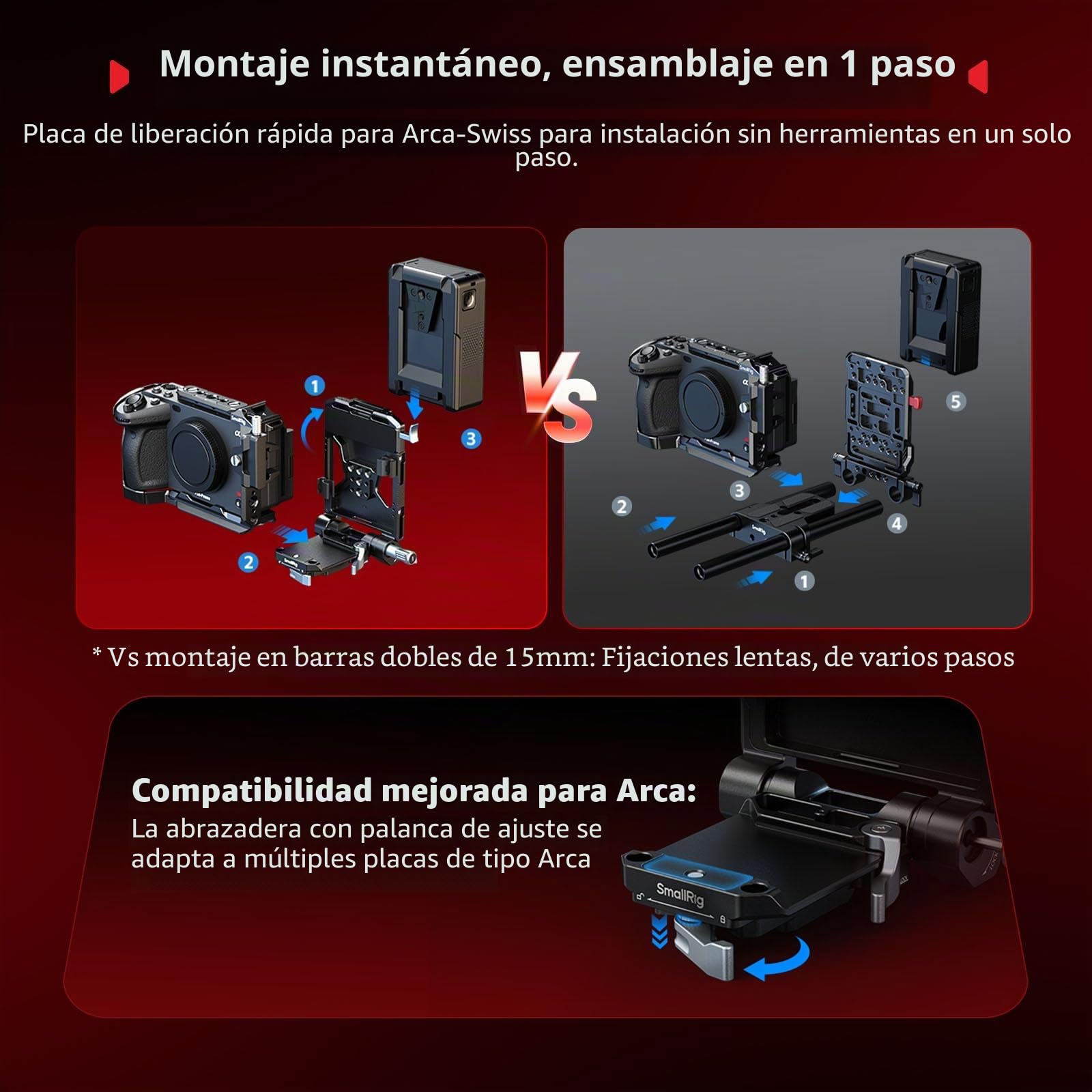 SMALLRIG Kit Plegable de Placa de Batería V-Mount Pro, con Placa QR para Arca, Soporte Protector de Pantalla y Clip para Cables, Rig Compacto para Cámaras Mirrorless/DSLR, para Baterías V-Mount - 5315