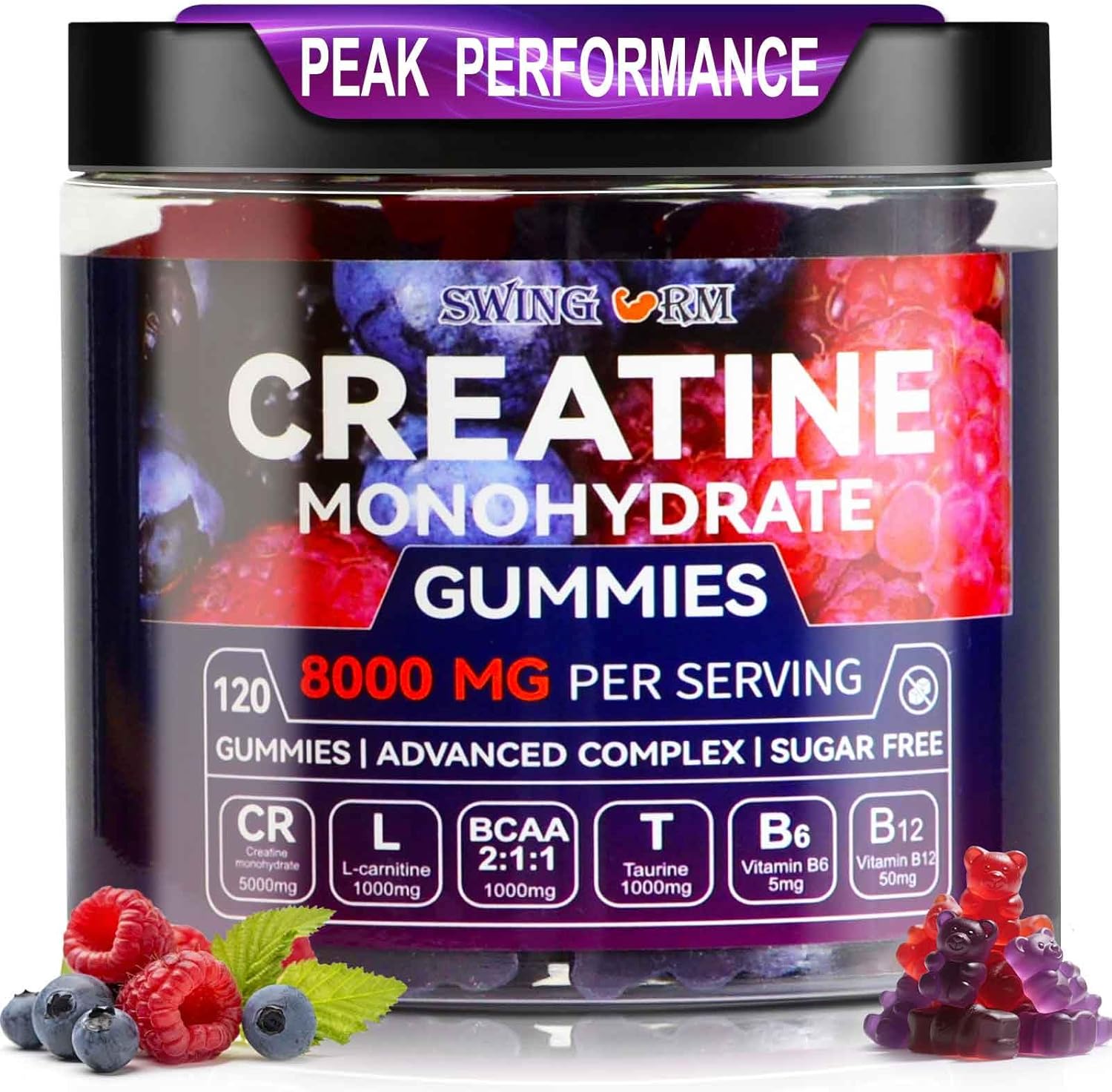 Creatine Monohydrate Gummies 8000 mg for Men & Women, 120 Creatine Gummies for Muscle Growth, Strength & Recovery, Sugar Free Pre-Workout Supplement – Raspberry & Blueberry Flavor