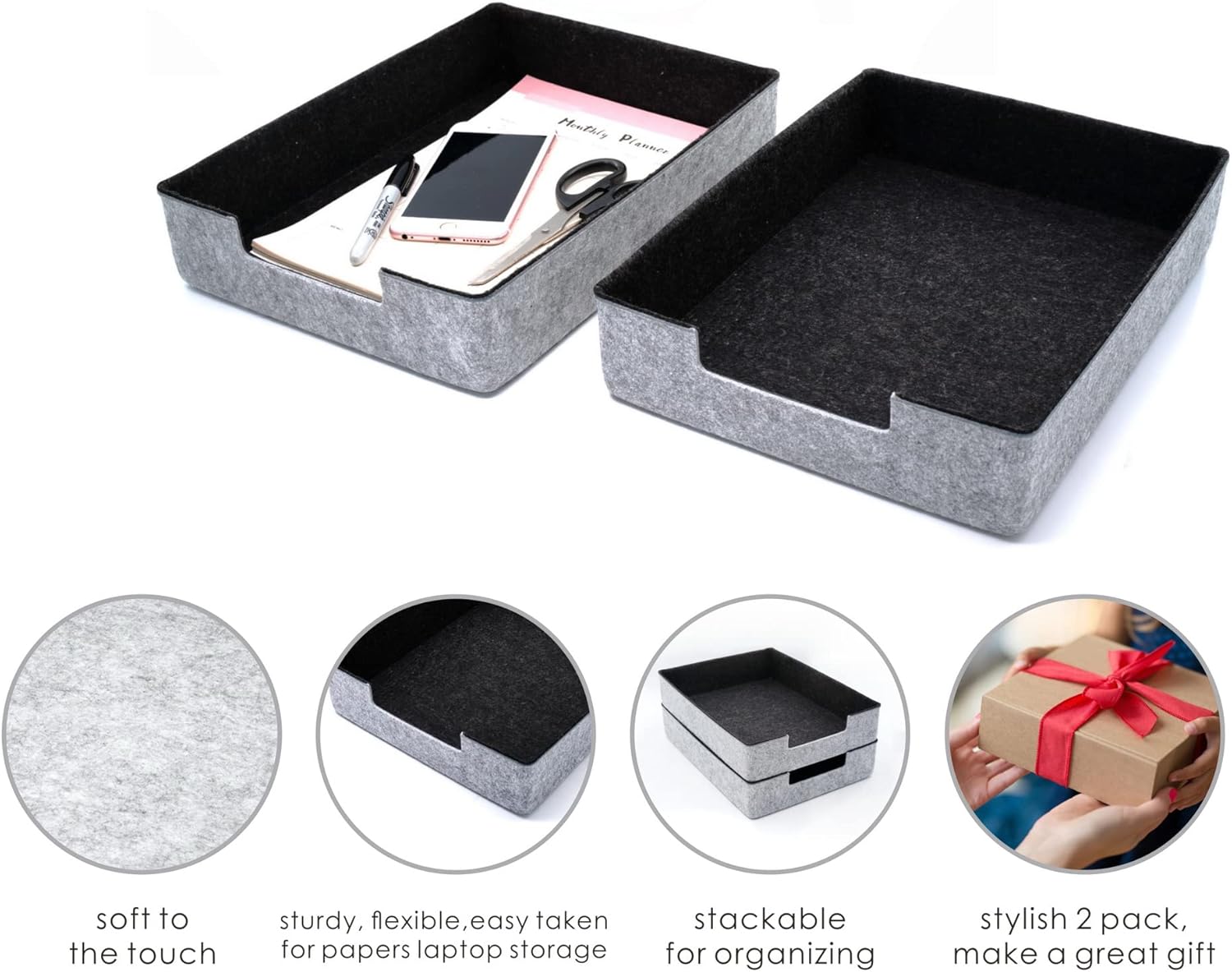 WELAXY Felt Desk Drawer Organizer Trays, 2-Piece Stackable File Organizer for Documents, Papers, Magazines, Home & Office Storage (Charcoal)