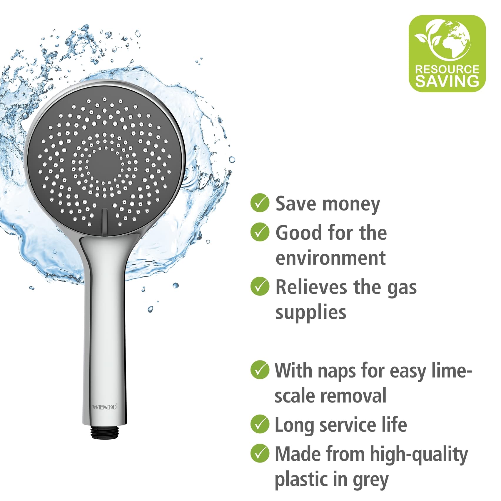 WENKO Set de ducha Watersaving, barra de ducha de acero inoxidable, cabezal con 3 tipos de chorro y flexo de ducha, apto para calentadores de agua, conexión universal de ½", 70 cm, cromado