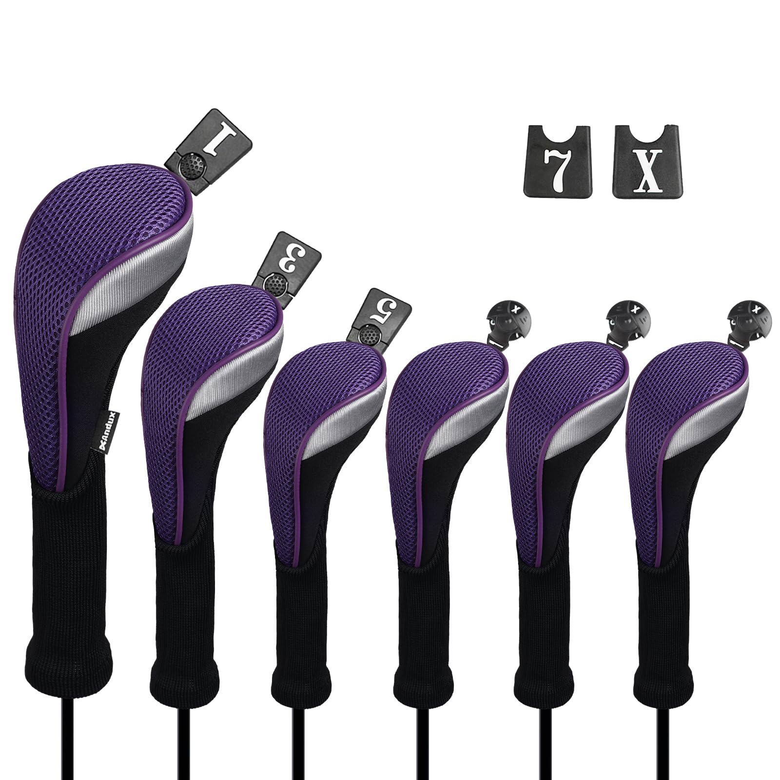 Andux Golf Club Head Covers Set Long Neck (3 Hybrid Covers + 3 Wood Covers) Purple