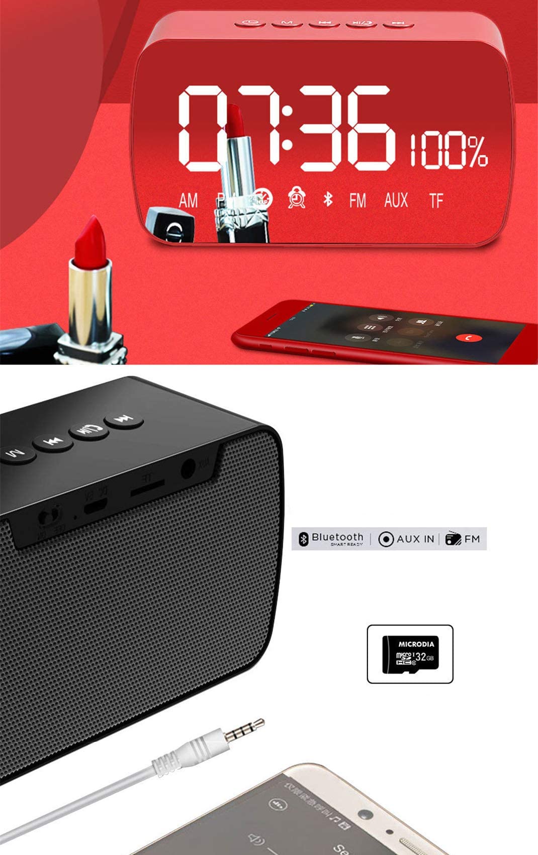 HD LED Espejo Despertador, Altavoz Bluetooth Inteligente Despertador Radio Silencio Electrónico Snooze Cube Altavoz Despertador Radio Digital Reloj