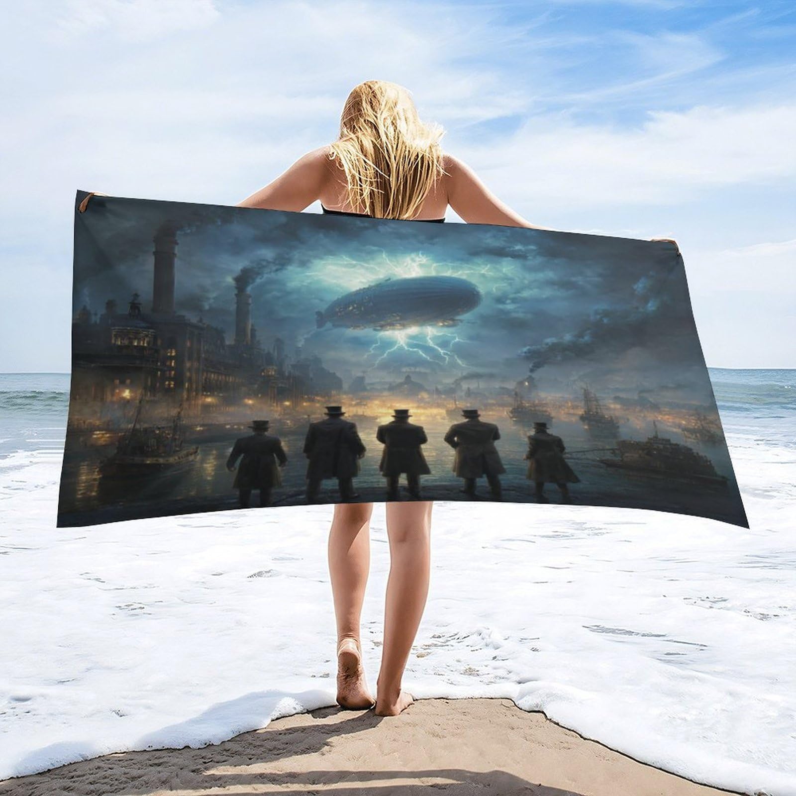 LUYYSKY Fantasy Vintage Steampunk Airship Absorbent Beach Towel, Retro Watercolor Coastal City Lightning Ship Pattern Outdoor Single-Sided Velvet Beach Towel-80 W cm x 160" L cm